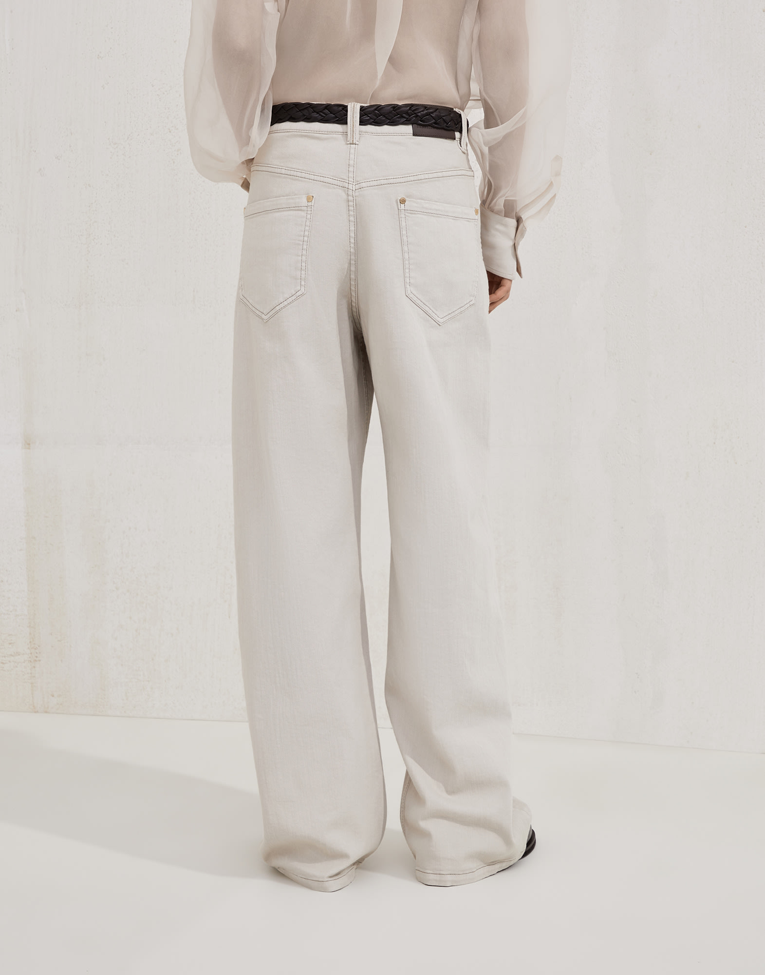 Stretch dyed denim loose barrel trousers with monili