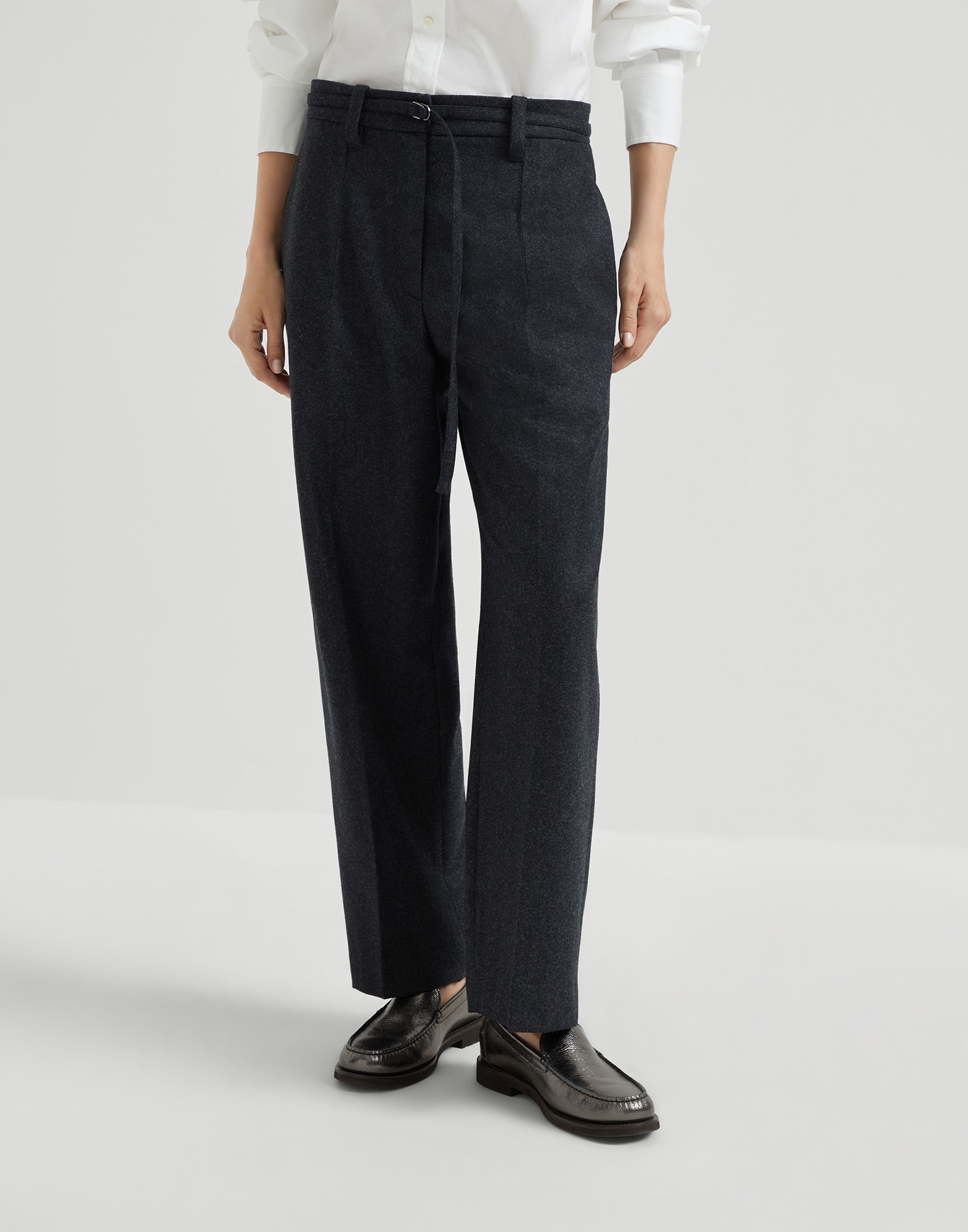 Virgin wool flannel straight cropped trousers with monili