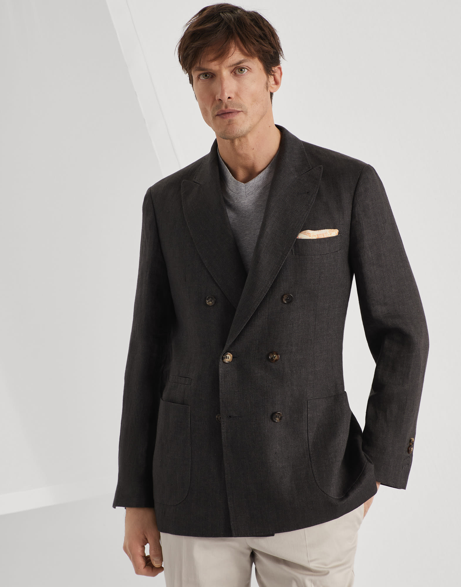 Linen chevron one-and-a-half breasted deconstructed blazer with patch pockets