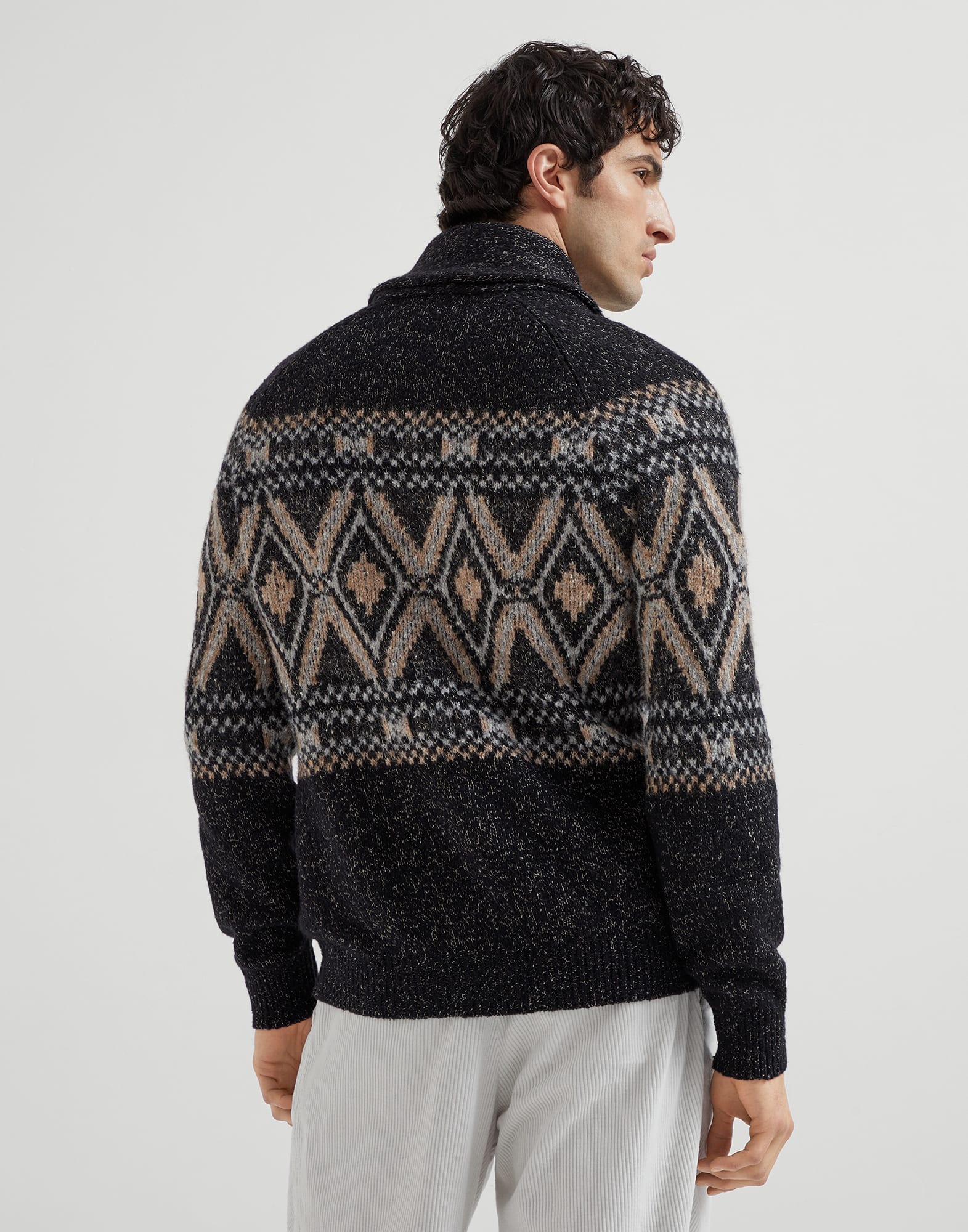 Geometric jacquard cardigan in mouliné virgin wool, silk and cashmere with metal buttons