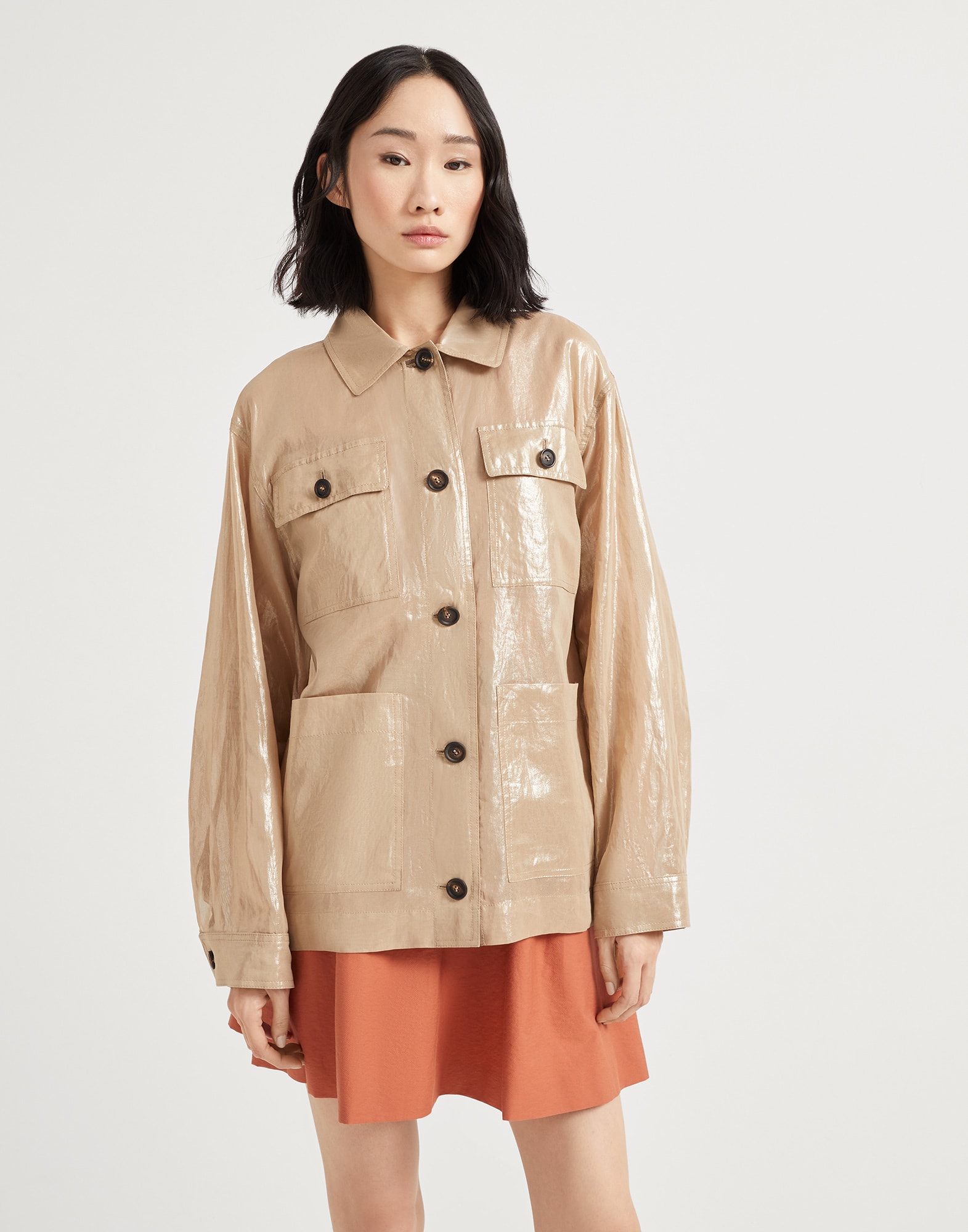 Lamé cotton gauze outerwear jacket with monili