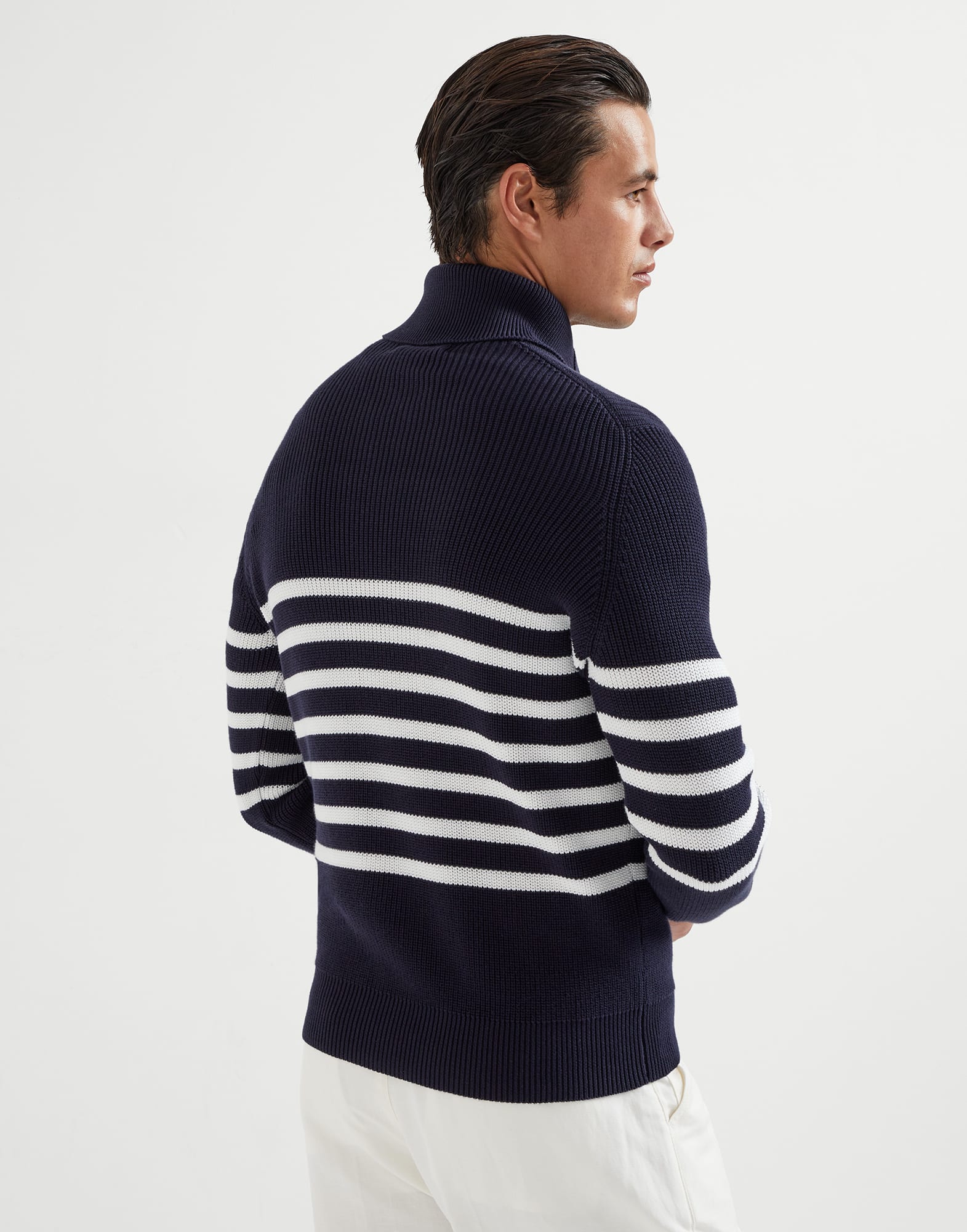 Cotton half English rib striped sweater with half-zip