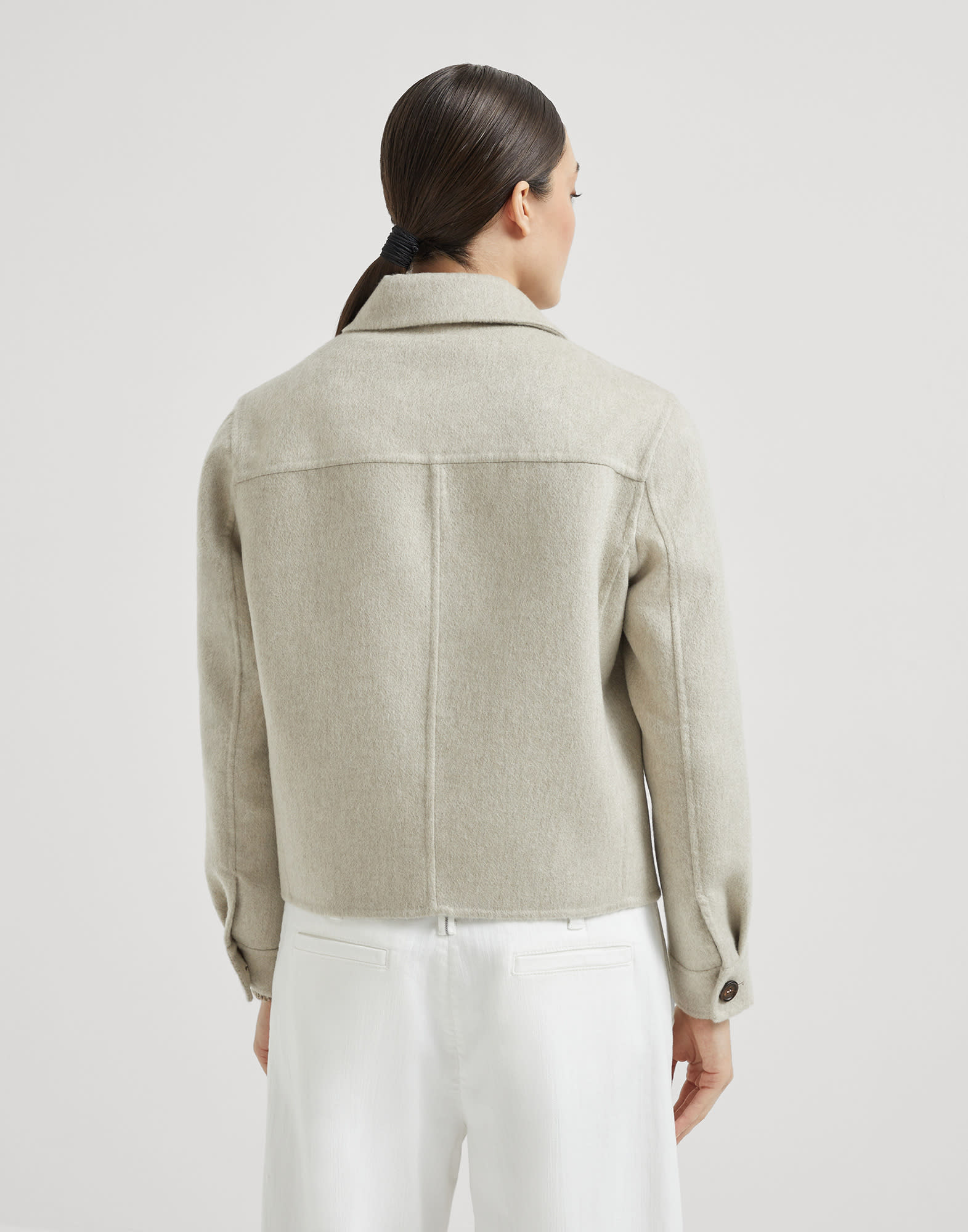 Hand-crafted cropped pea coat in cashmere double beaver cloth with monili