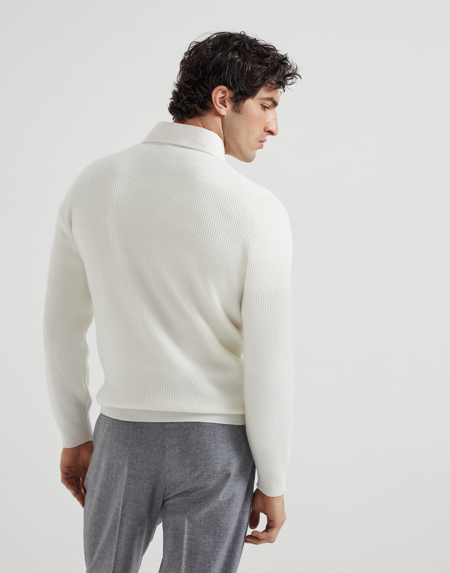 Cashmere English rib knit polo shirt with twill spread collar