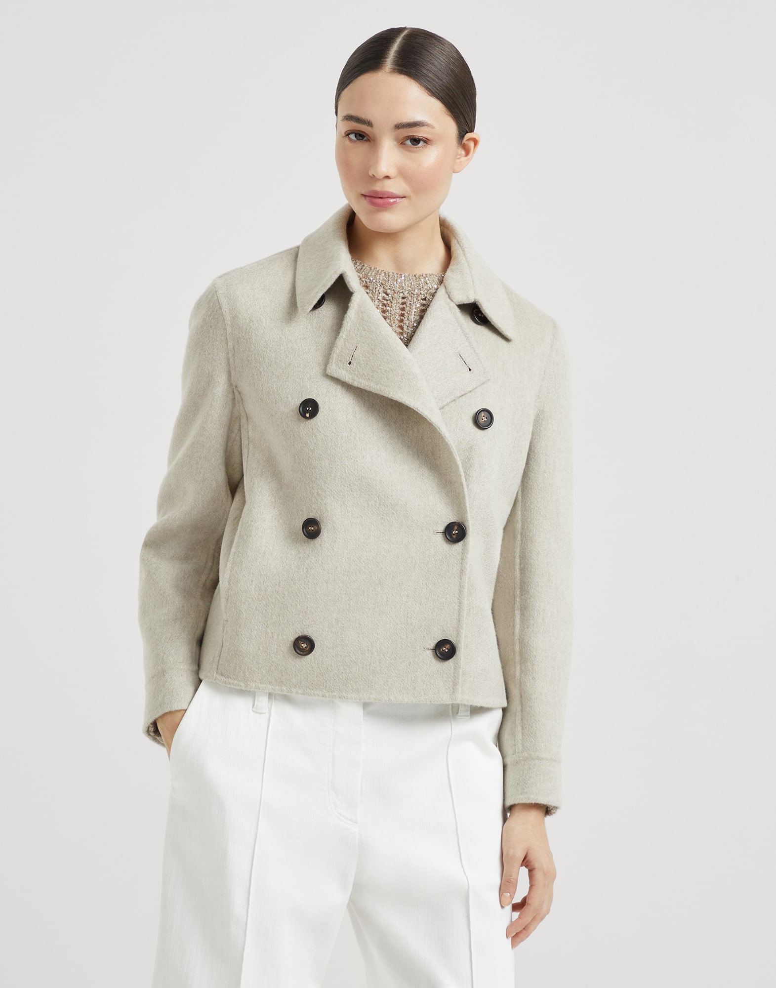 Hand-crafted cropped pea coat in cashmere double beaver cloth with monili
