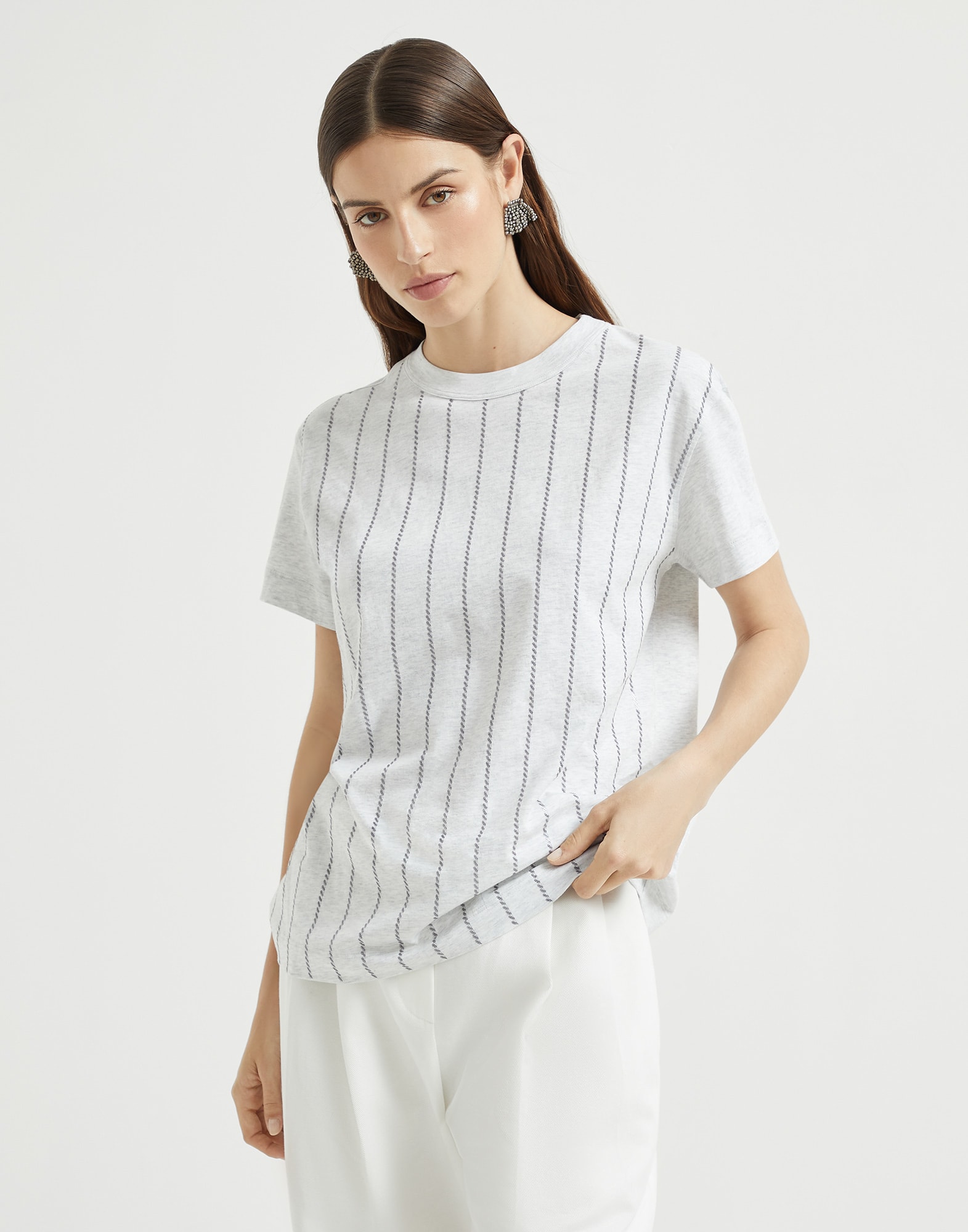 Cotton jersey T-shirt with dazzling chalk stripe embroidery