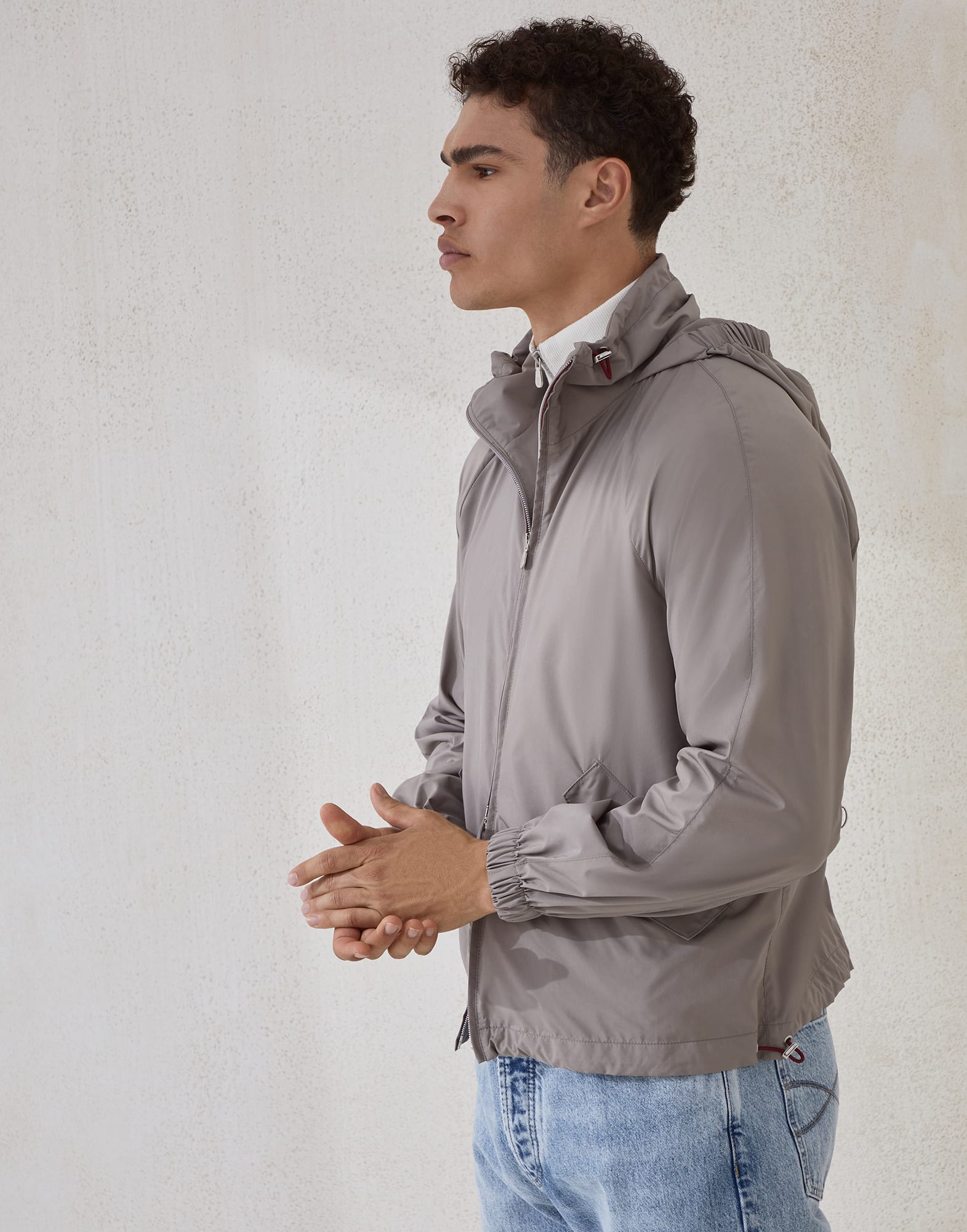 Lightweight techno fabric unlined hooded outerwear jacket