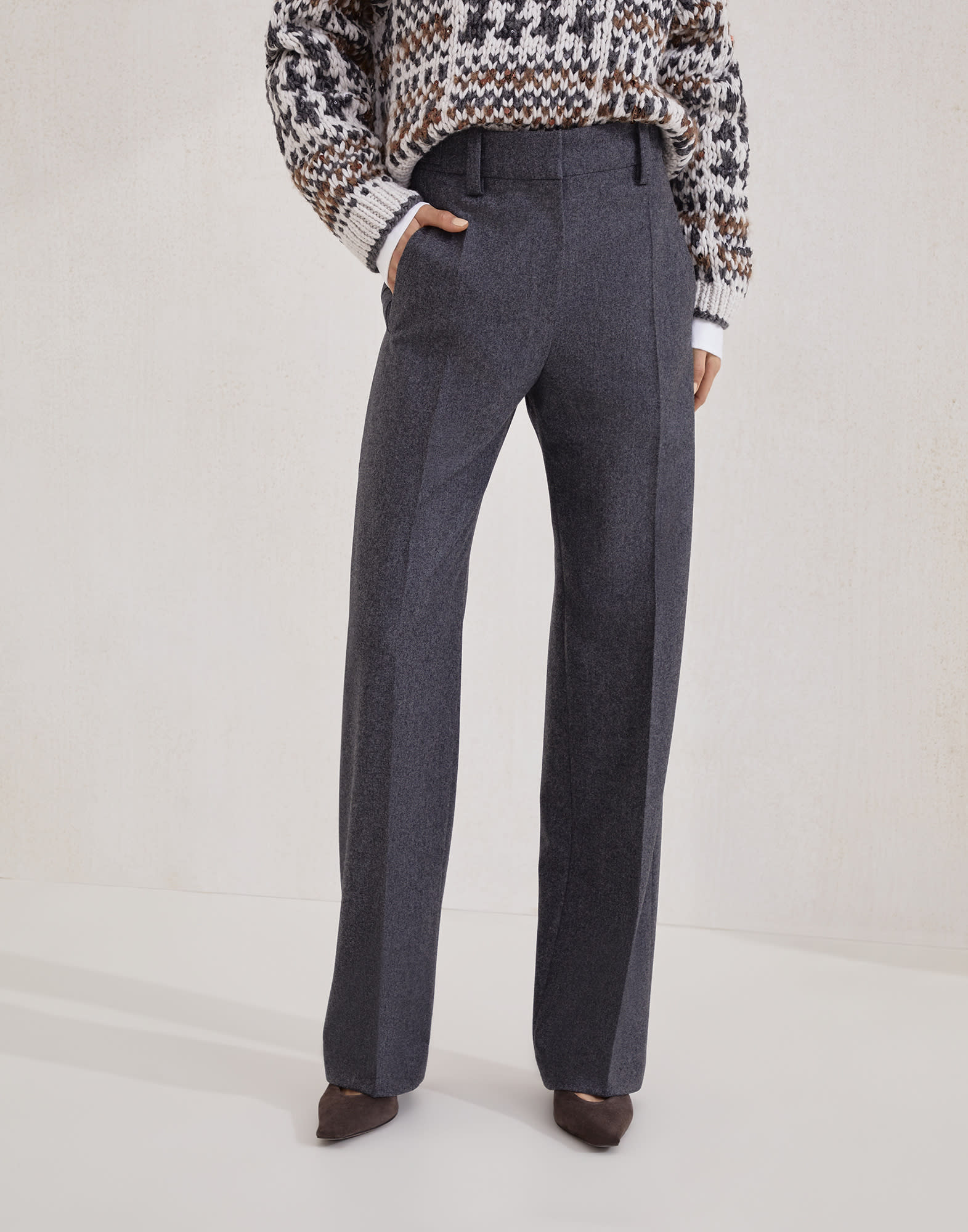 Virgin wool flannel straight loose trousers