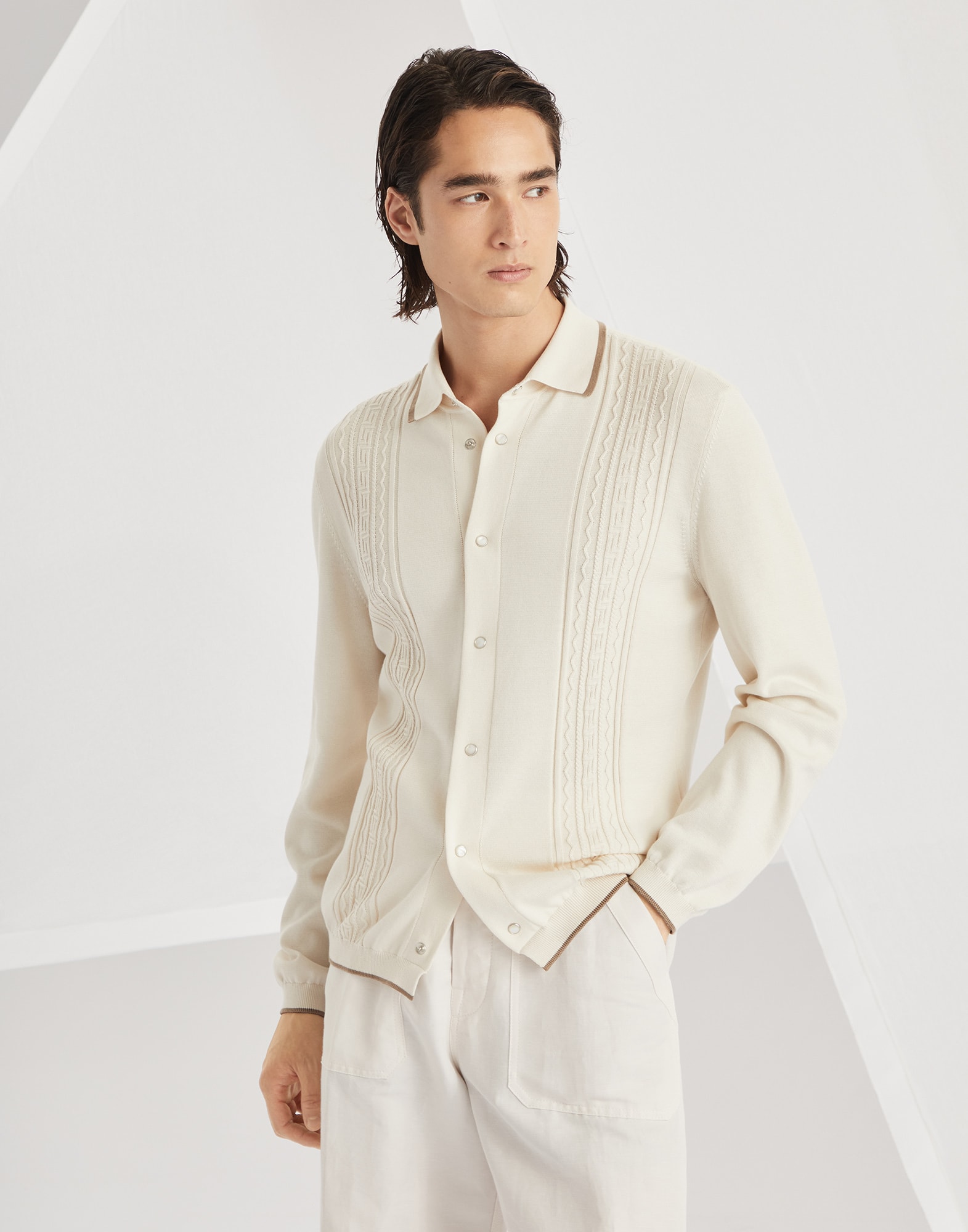 Cotton geometric jacquard knit shirt