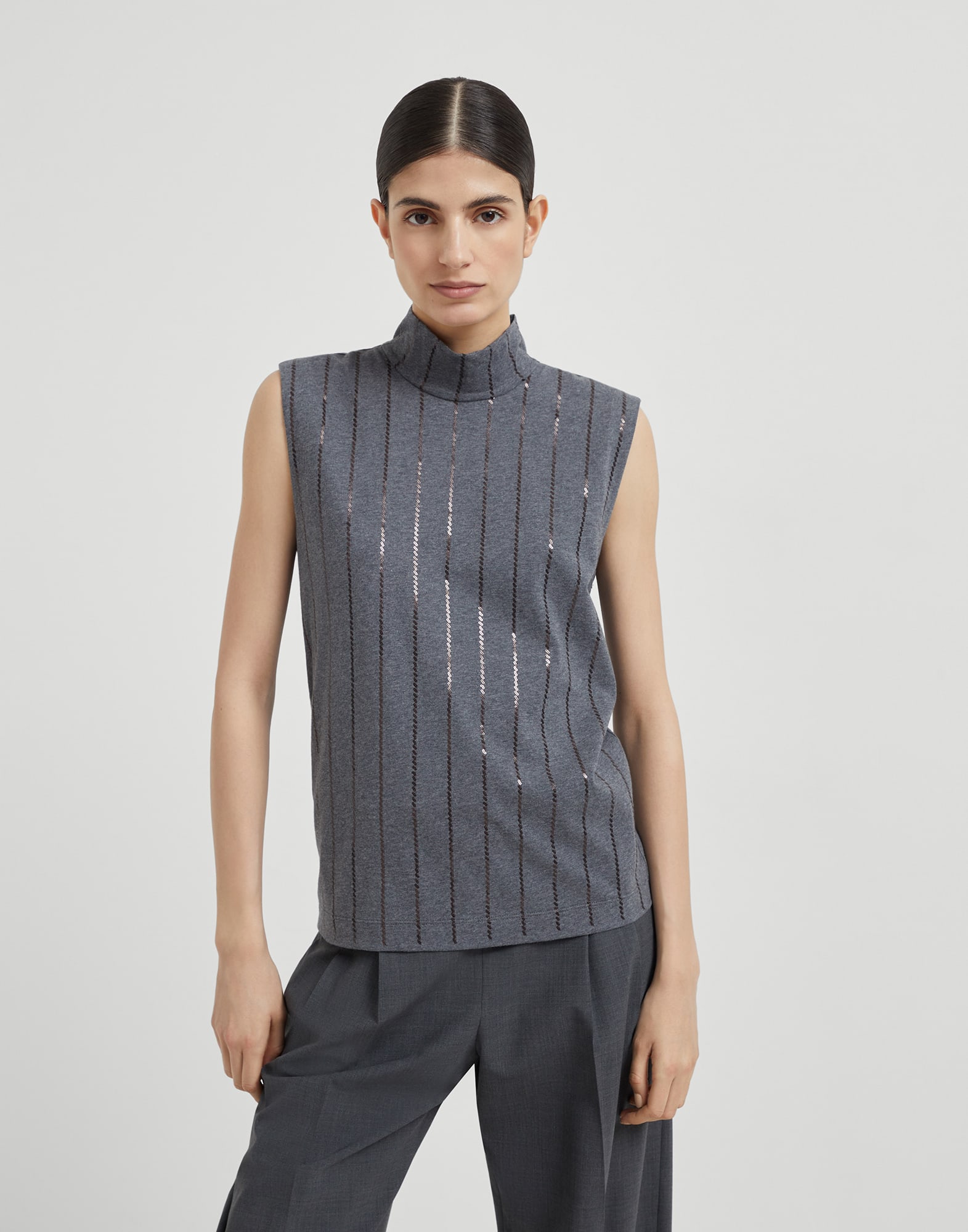 Cotton jersey turtleneck top with dazzling chalk stripe embroidery
