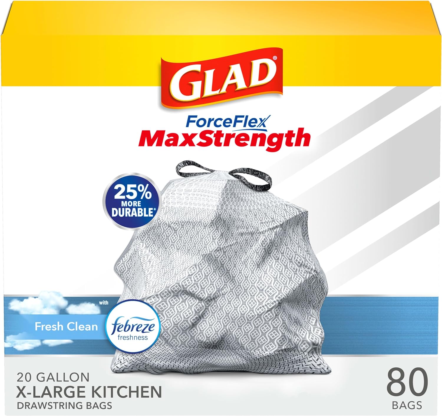 Glad Trash Bags, ForceFlexPlus XL X-Large Kitchen Drawstring Garbage Bags - 20 Gallon Grey Trash Bag, Fresh Clean with Febreze Freshness 80 Count (Package May Vary)