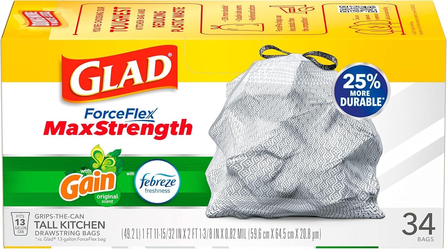 Glad Trash Bags, ForceFlexPlus XL X-Large Kitchen Drawstring Garbage Bags - 20 Gallon Grey Trash Bag, Fresh Clean with Febreze Freshness 80 Count (Package May Vary)