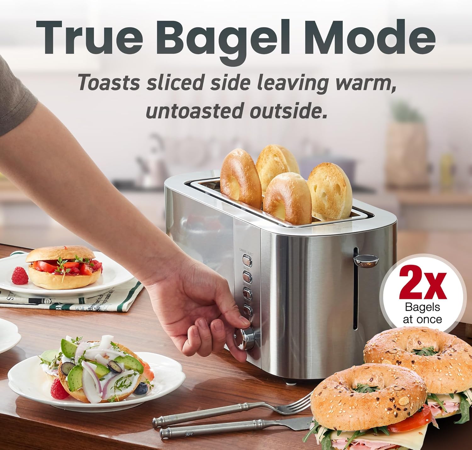 Elite Gourmet ECT-3100 Long Slot 4 Slice Toaster, Reheat, 6 Toast Settings, Defrost, Cancel Functions, Built-in Warming Rack, Extra Wide Slots for Bagels & Waffles, Stainless Steel & Black