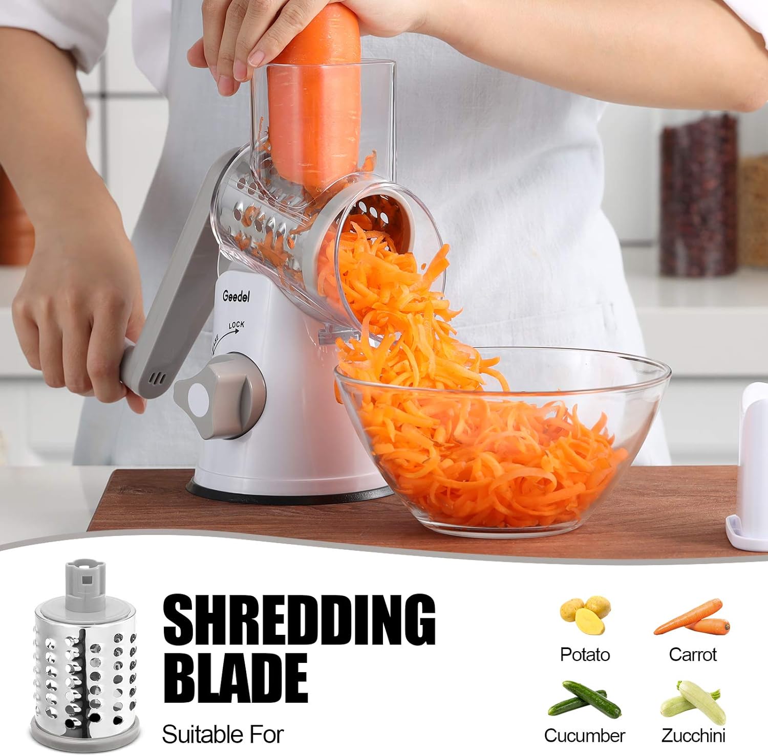 Geedel Rotary Cheese Grater, Kitchen Mandoline Vegetable Slicer with 3 Interchangeable Blades, Easy to Clean Grater for Fruit, Vegetables, Nuts