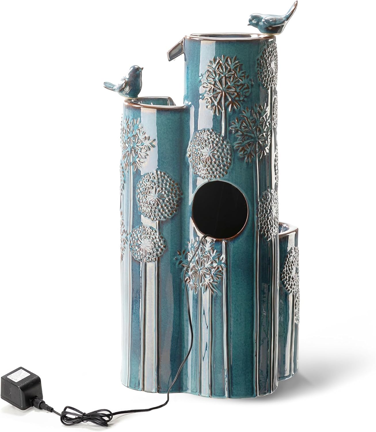 Outdoor Water Fountain with LED Lights and Pump, 4 Tier Dandelion Texture Vase Shaped Ceramic Floor Standing Fountain with Birds for Porch Deck Garden Patio Backyard, Turquoise