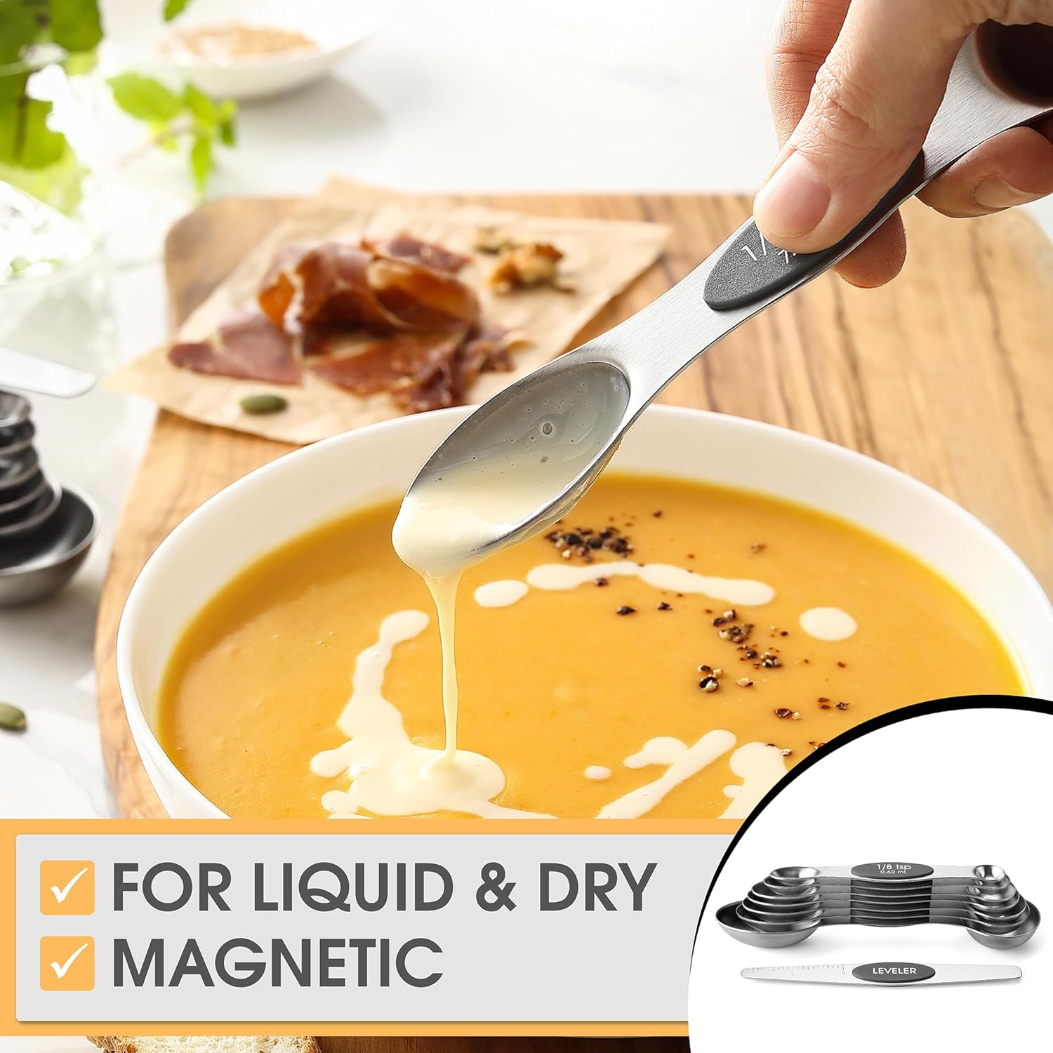 Spring Chef Magnetic Measuring Spoons Set with Strong N45 Magnets, Heavy Duty Stainless Steel Metal, Fits in Most Kitchen Spice Jars for Baking & Cooking, BPA Free, Black, Set of 8 with Leveler