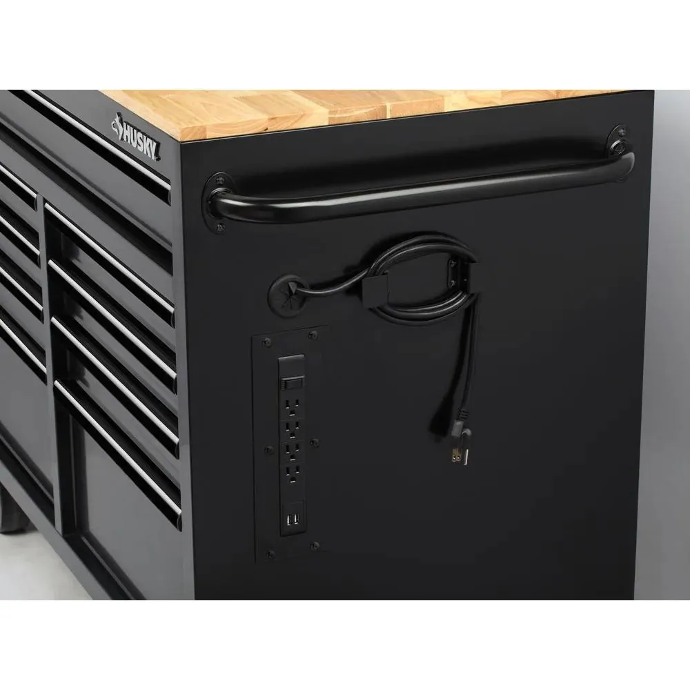 46 in. W x 24.5 in. D 9-Drawer Gloss Black Deep Tool Chest Mobile Workbench with Hardwood Top and Power Station