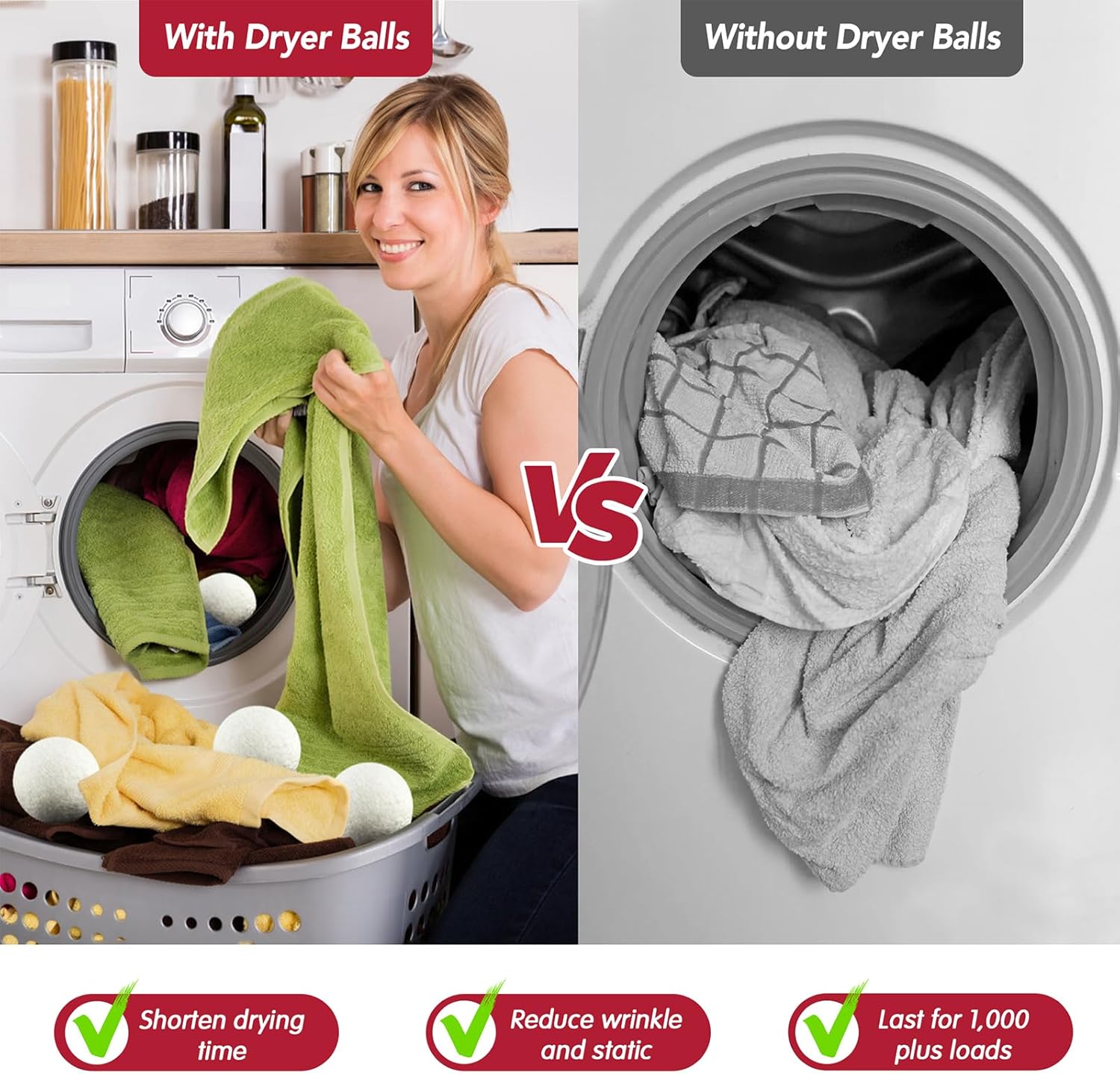 6 Pack All Natural Organic Wool Dryer Balls XL Size - Reusable Chemical Free Natural Fabric Softener, Anti Static, Reduces Clothing Wrinkles and Saves Drying Time