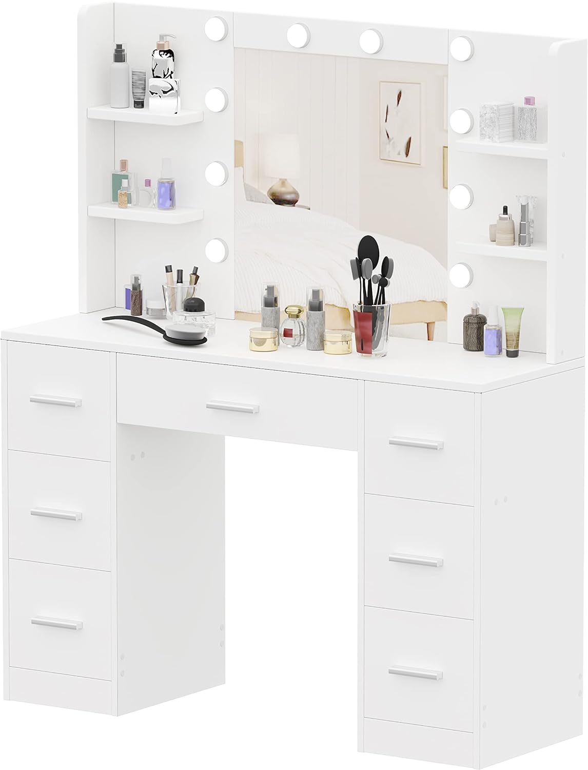 Irontar Vanity Desk, Makeup Vanity with 10 LED Lights & 7 Metal Sliding Drawers, Brightness Adjustable, Vanity Table with 6 Open Shelves, Bedroom Makeup Table for Women Girls, White WDT005W