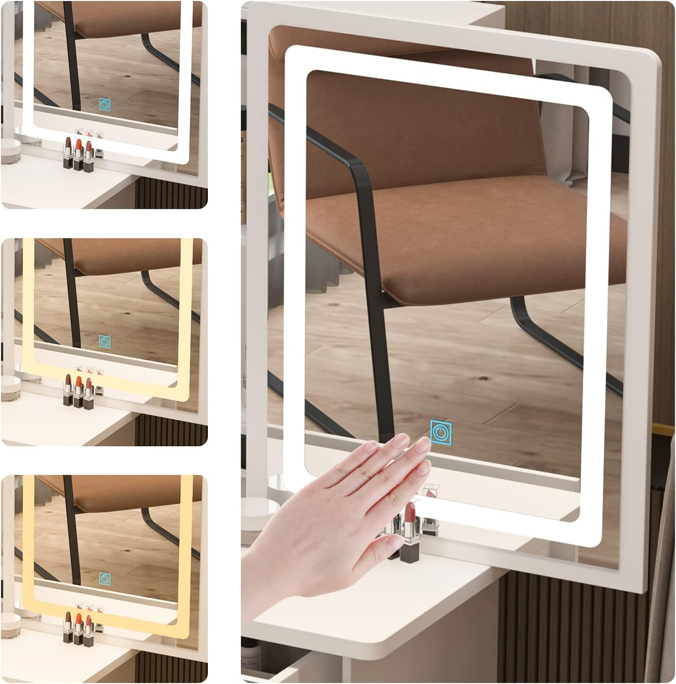 PREMTURE Dressing Table with LED Lighting, Cosmetic Table with Open Shelf and 4 Drawers, Dressing Table with Stool, Dressing Tables, Large Storage Space, MDF, 90 W x 40 D x 135 H cm