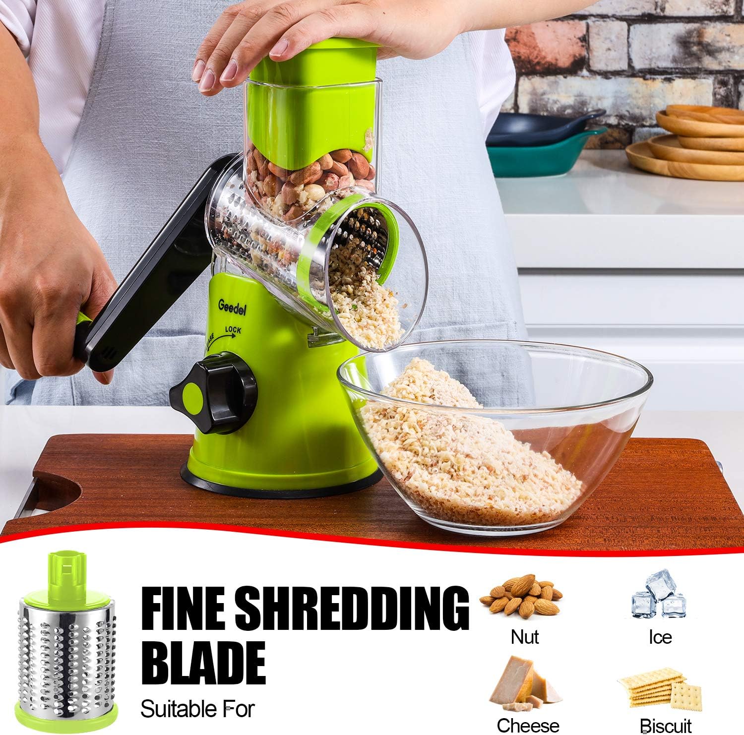 Geedel Rotary Cheese Grater, Kitchen Mandoline Vegetable Slicer with 3 Interchangeable Blades, Easy to Clean Grater for Fruit, Vegetables, Nuts