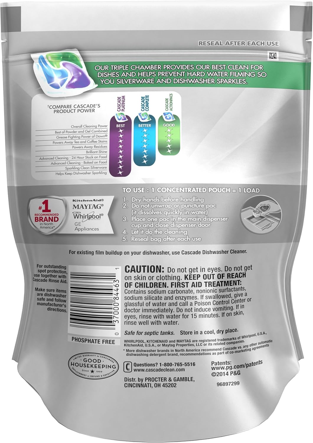 Cascade Platinum Dishwasher Pods, Detergent, Soap Pods, Actionpacs with Dishwasher Cleaner and Deodorizer Action, Fresh, 62 Count