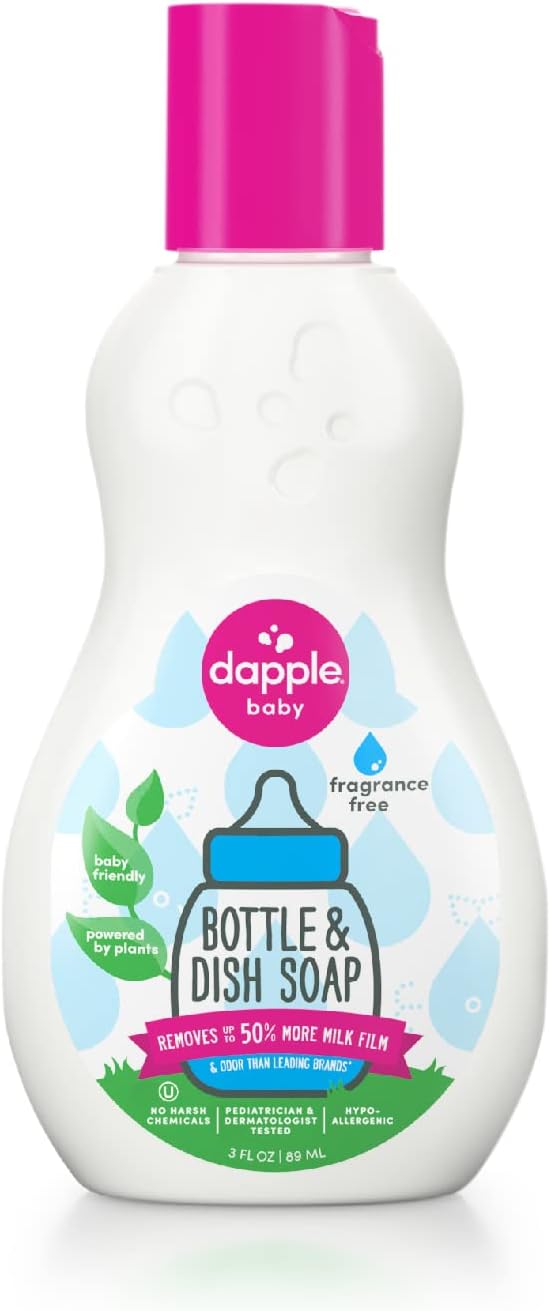 Dapple Baby Bottle Soap, Hypoallergenic Dish Soap for Baby Bottles, Powered by Plants, 1 Pump Included, Packaging May Vary, Fragrance Free, 16.9 Fl Oz (Pack of 3)