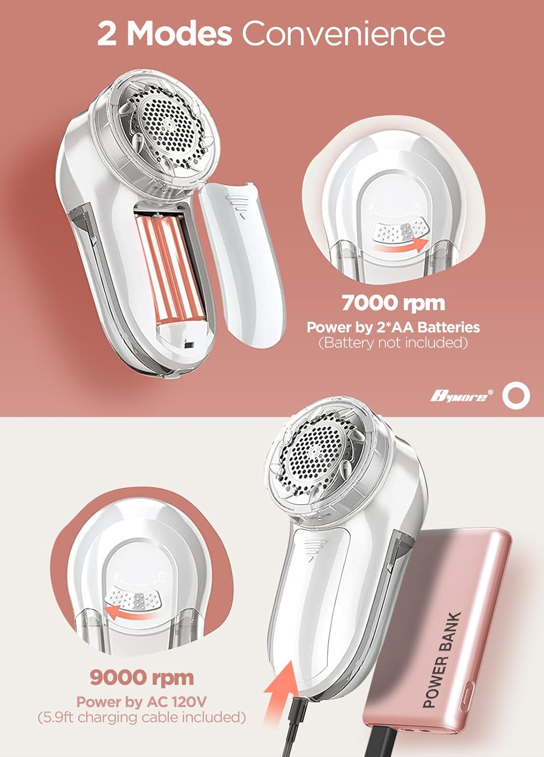 Bymore Fabric Shaver, Lint Remover, Lint Shaver Defuzzer Sweater Shaver for Clothes and Furniture AC Adapter or Battery Operated Pill Fuzz Remover