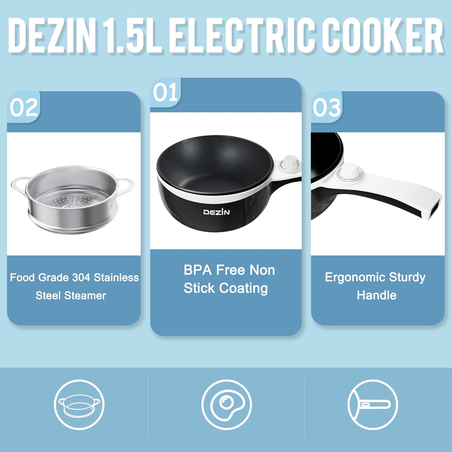 Dezin Hot Pot Electric Upgraded, Non-Stick Sauté Pan, Rapid Noodles Electric Pot, 1.5L Mini Portable Hot Pot for Steak, Egg, Fried Rice, Ramen, Oatmeal, Soup with Power Adjustment(Egg Rack Included)