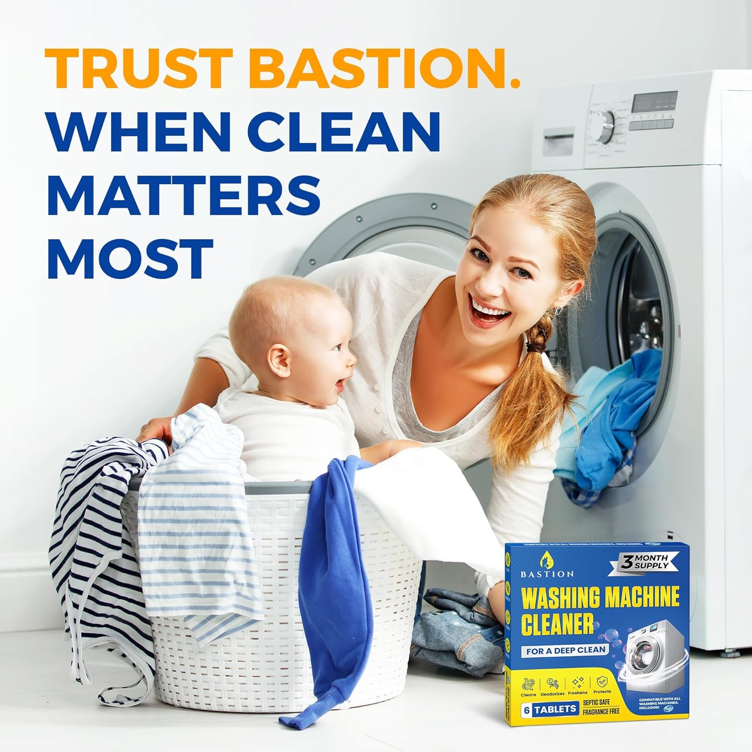 Washing Machine Cleaner Tablets 24 pack Powerful Descaler -Deep Cleaning for HE Front Loader & Top Load Washer Septic Safe Eco-Friendly Deodorizer Clean Drum & Laundry Tub Seal- Year's Supply