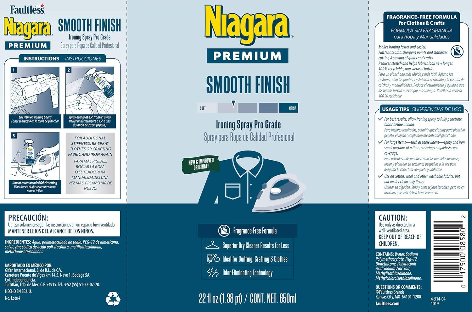 NIAGARA Spray Starch (22 Oz, 2 Pack) Trigger Pump Liquid Starch for Ironing, Non-Aerosol Spray on Starch, Reduces Ironing Time, No Flaking, Sticking or Clogging, Biodegradable Ingredients, Recyclable