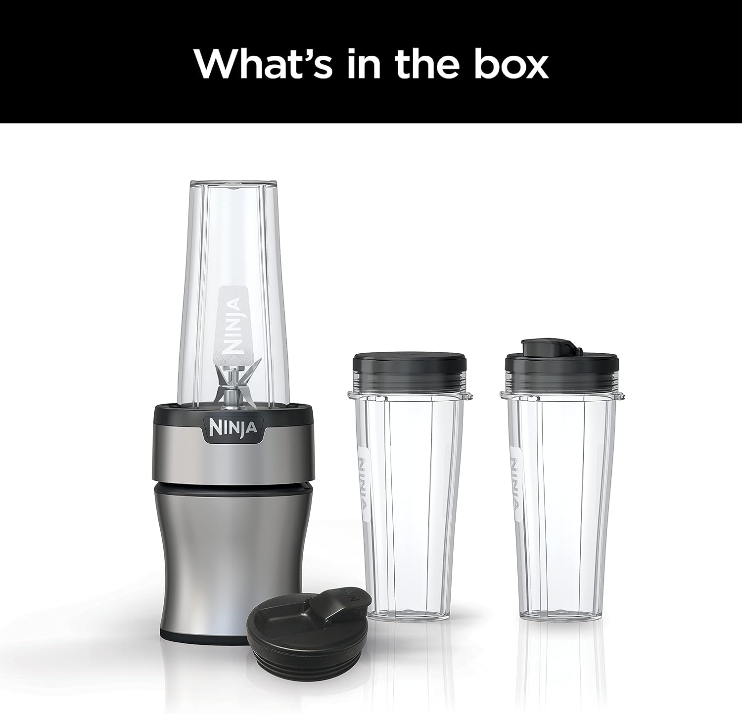 Ninja BN301 Nutri-Blender Plus Compact Personal Blender, 900-Peak-Watt Motor, Frozen Drinks, Smoothies, Sauces & More, (3) 20 oz. To-Go Cups, (2) Spout-Lids (1) Storage-Lid, Dishwasher Safe, Silver