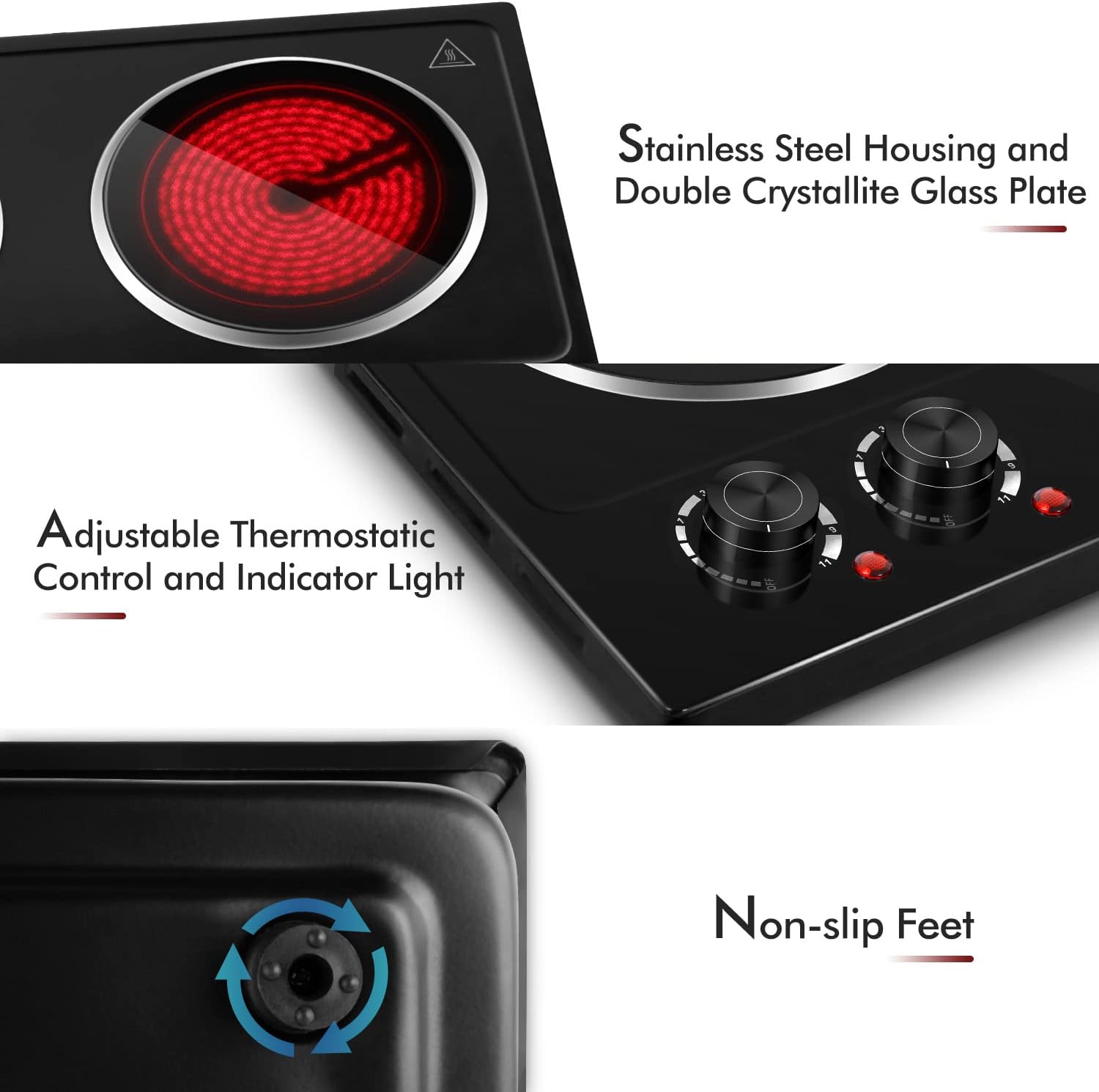 CUSIMAX 1800W Ceramic Electric Hot Plate for Cooking, Dual Control Infrared Cooktop, Double Burner, Portable Countertop Burner, Glass Plate Electric Cooktop, Silver, Stainless Steel-Upgraded Version