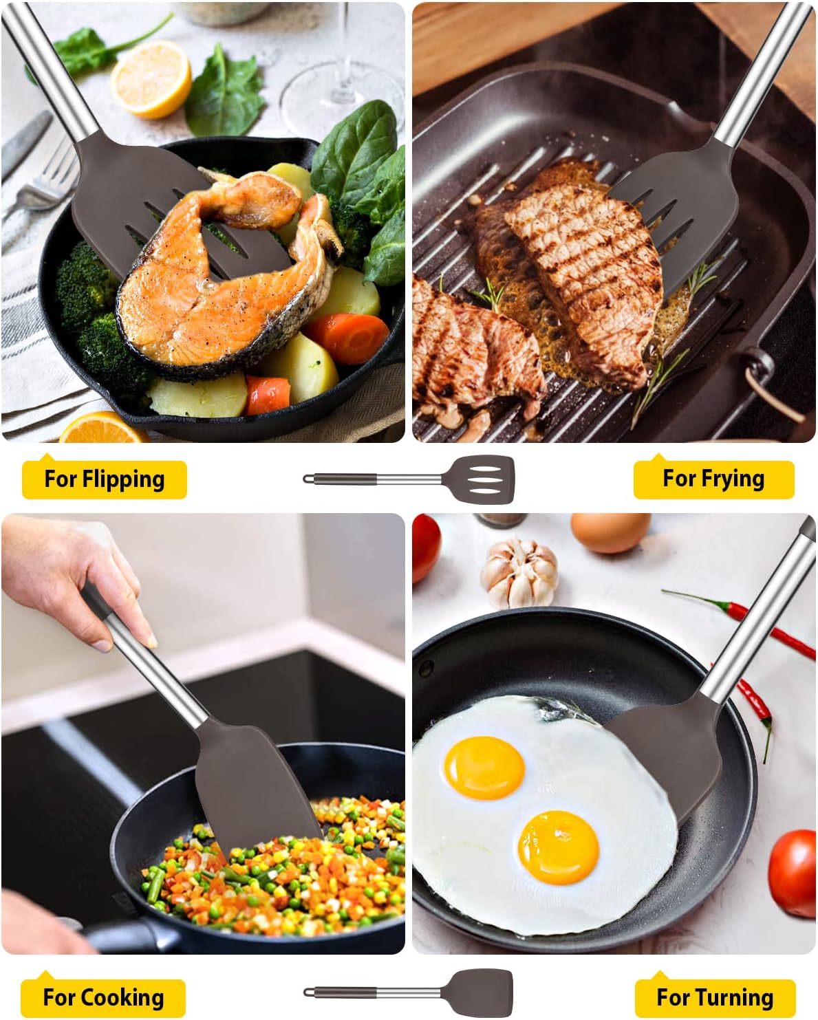 Pack of 2 Silicone Solid Turner,Non Stick Slotted Kitchen Spatulas,High Heat Resistant BPA Free Cooking Utensils,Ideal Cookware for Fish,Eggs,Pancakes (Black)