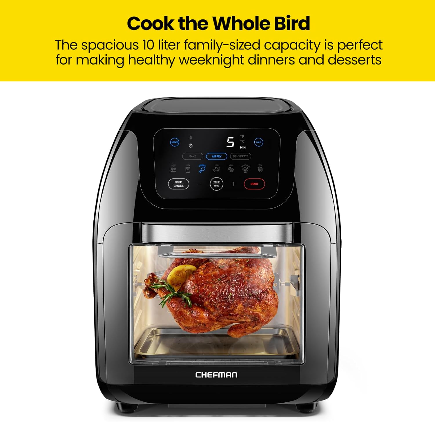 CHEFMAN Multifunctional Digital Air Fryer+ Rotisserie, Dehydrator, Convection Oven, 17 Touch Screen Presets Fry, Roast, Dehydrate, Bake, XL 10L Family Size, Auto Shutoff, Large Easy-View Window, Black