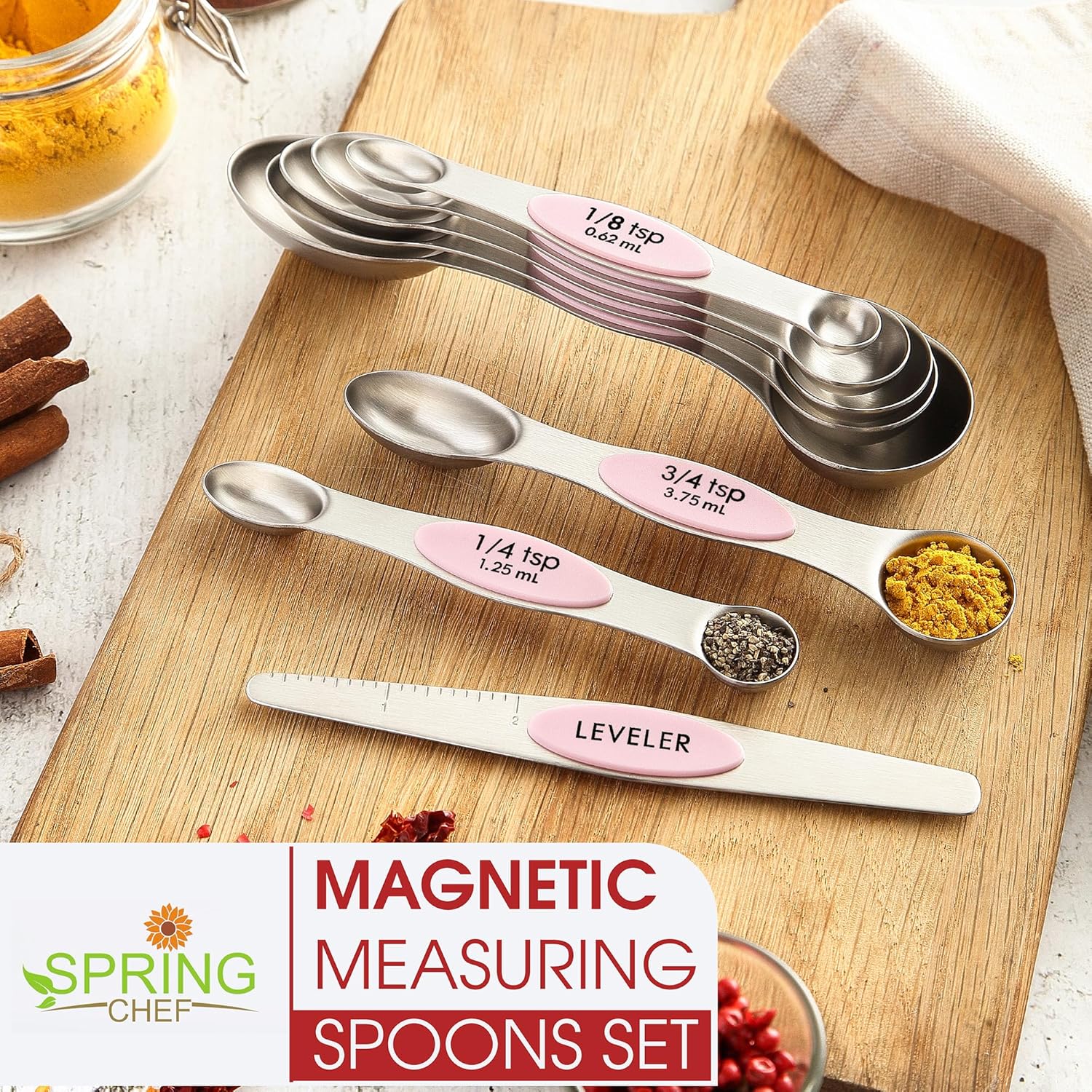 Spring Chef Magnetic Measuring Spoons Set with Strong N45 Magnets, Heavy Duty Stainless Steel Metal, Fits in Most Kitchen Spice Jars for Baking & Cooking, BPA Free, Black, Set of 8 with Leveler
