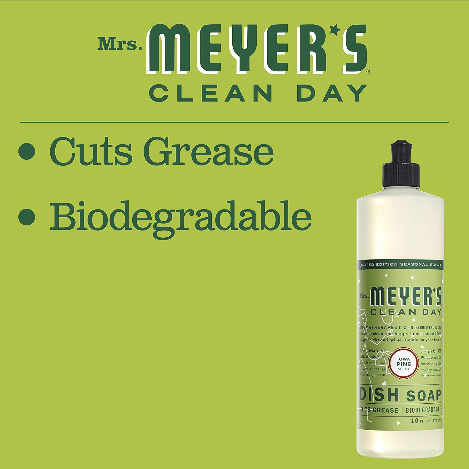MRS. MEYER'S CLEAN DAY Liquid Dish Soap, Biodegradable Formula, Basil, 16 fl. oz - Pack of 3
