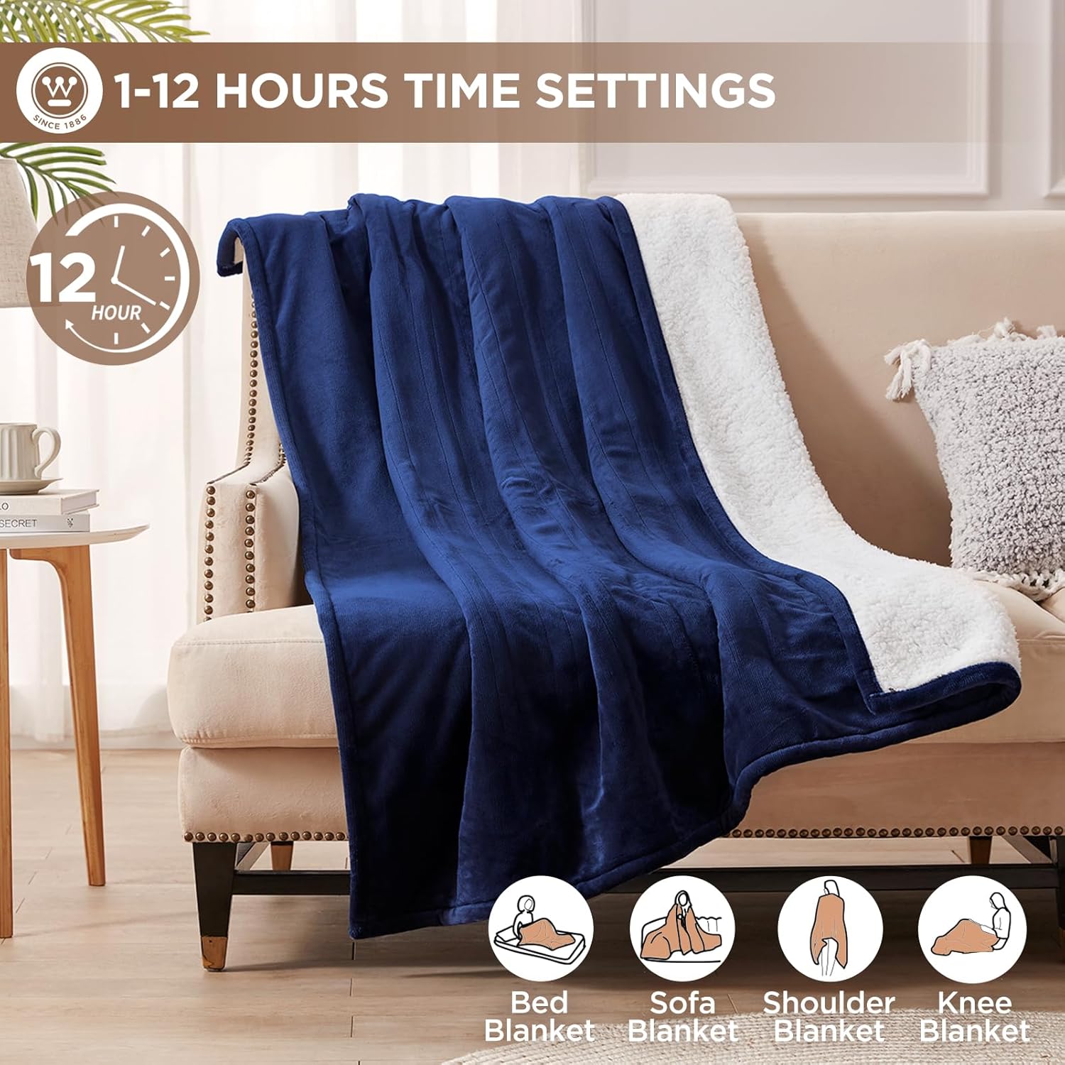 Westinghouse Heated Throw Blanket, Soft Flannel to Sherpa Electric Throw with 6 Heating Levels, 2-10 Hours Time Settings, Fast Heating, Machine Washable 50x60 Inch, Charcoal