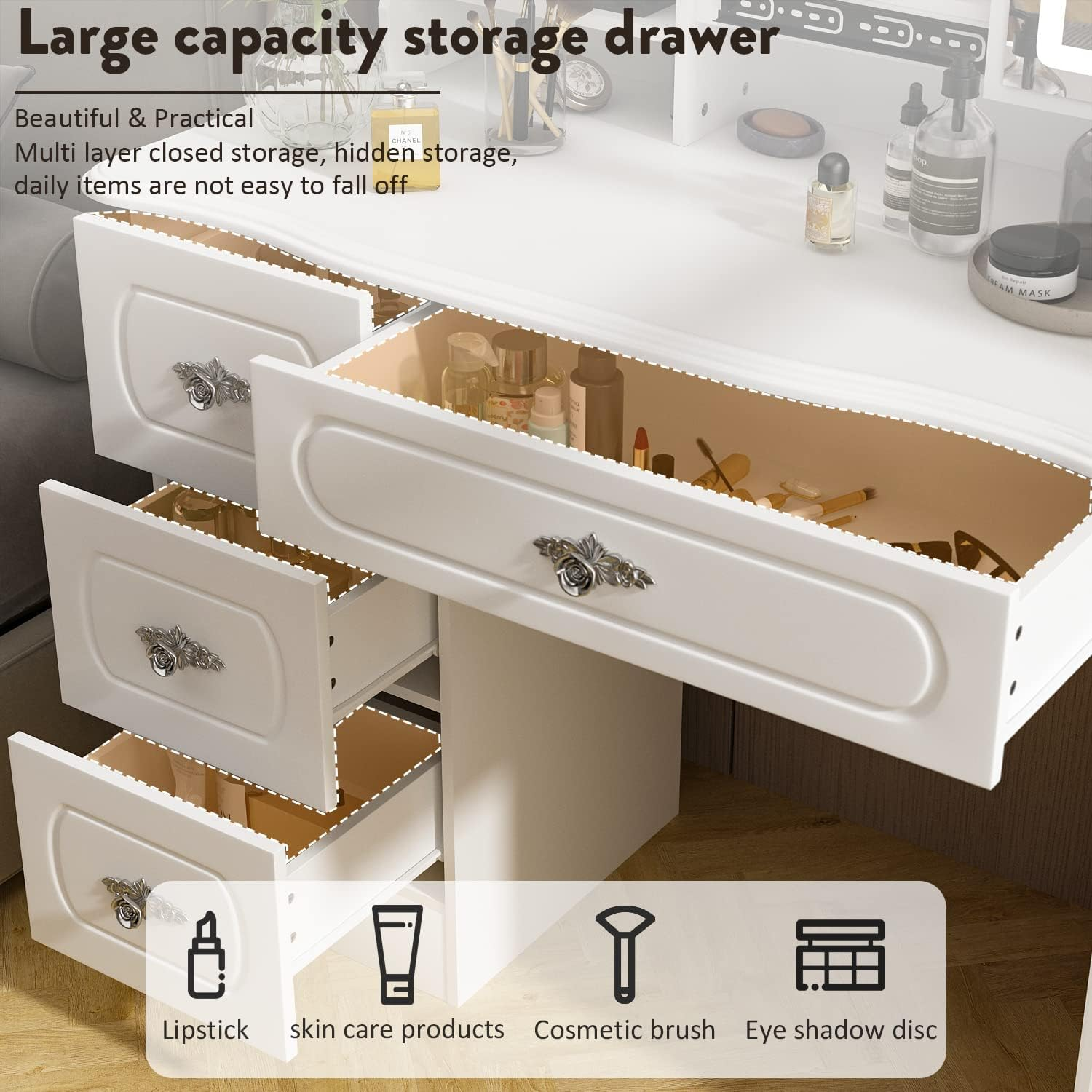 Large Vanity Table Set Makeup Vanity Dressing Table with Mirror, 4 Drawers & Shelves, Dresser Desk and Cushioned Stool Set