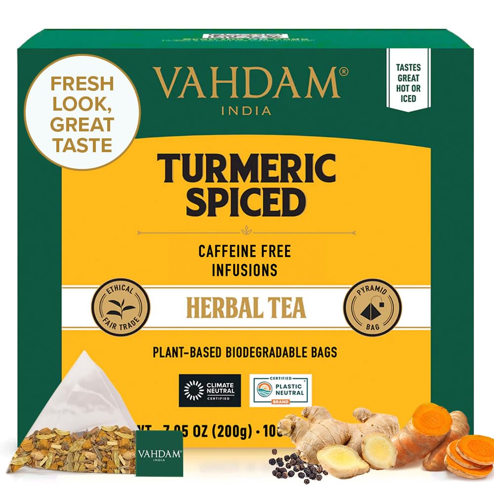 VAHDAM, Organic Turmeric Ginger Herbal Tea Bags (100 Pyramid Tea Bags) Caffeine Free, Non GMO, Gluten Free | 100% Pure Herbal Blend - Savory & Spicy | Plant-Based Tea Bags | Resealable Ziplock Pouch
