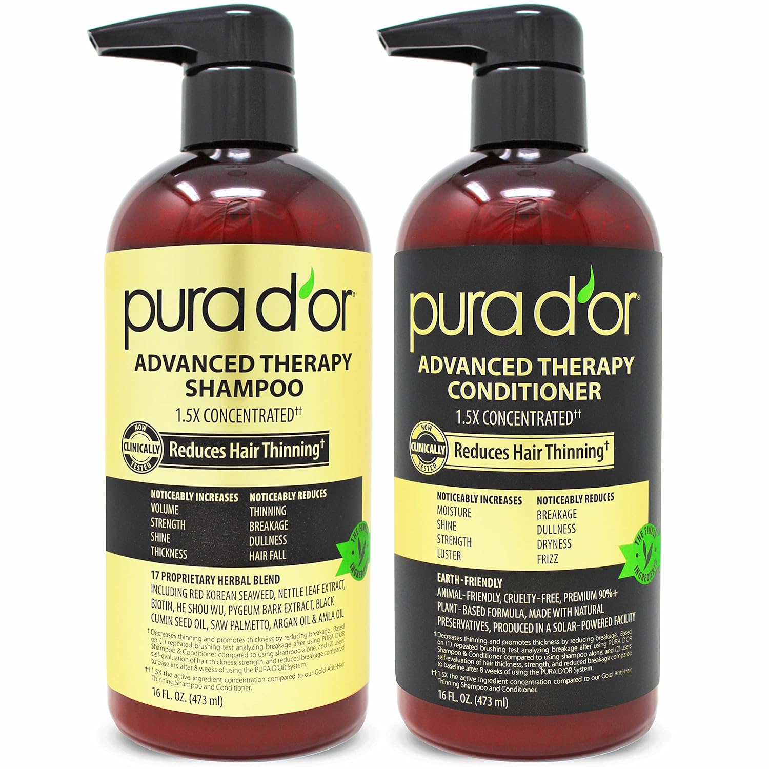 PURA D'OR Advanced Therapy Biotin Shampoo & Conditioner Hair Care Set For Hair Thinning, CLINICALLY TESTED Effective Results, DHT Blocker Hair Thickening Products For Women & Men, 16oz x2