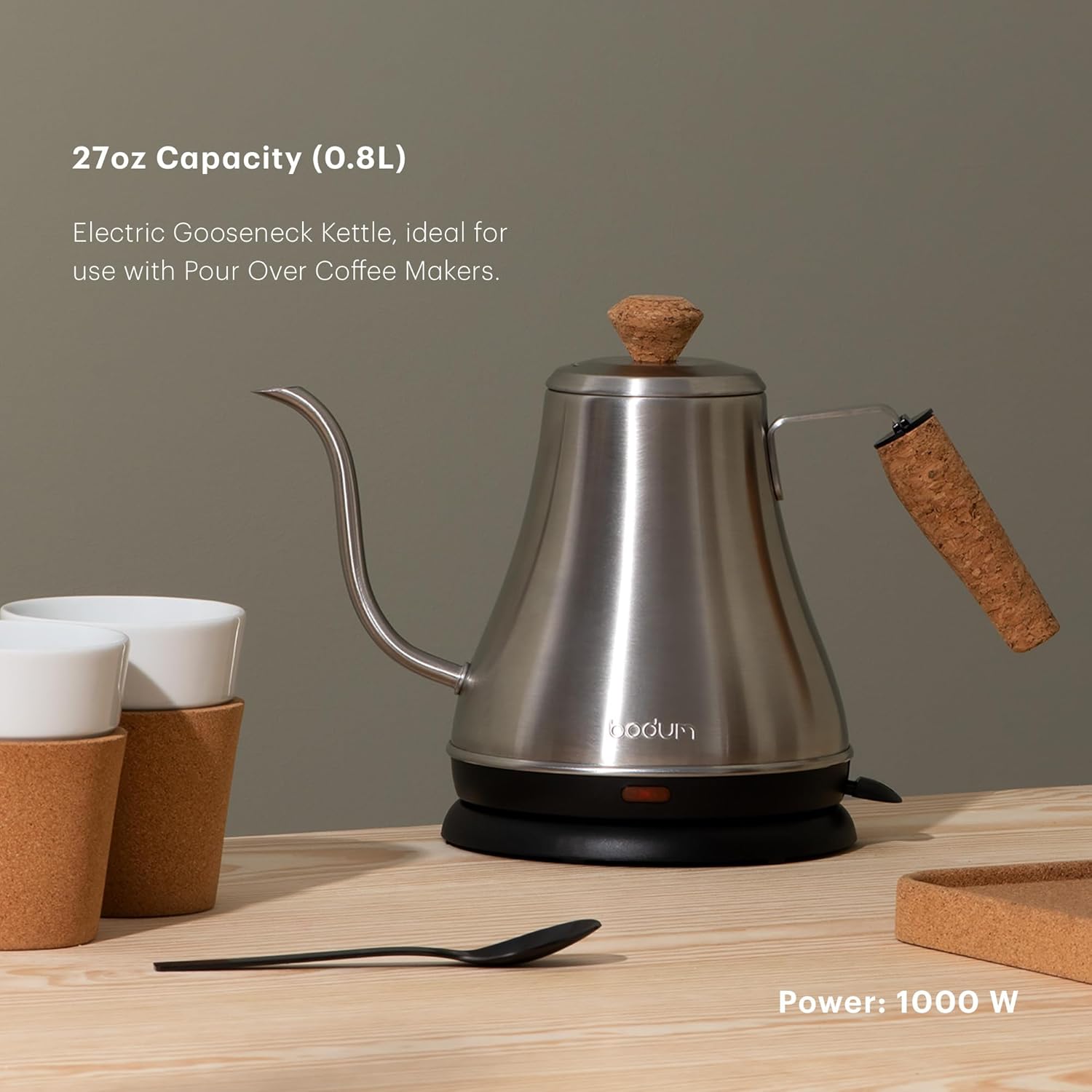 Bodum 27oz Bistro Gooseneck Electric Water Kettle, Pour Over Coffee & Tea, Stainless Steel, Matte Black