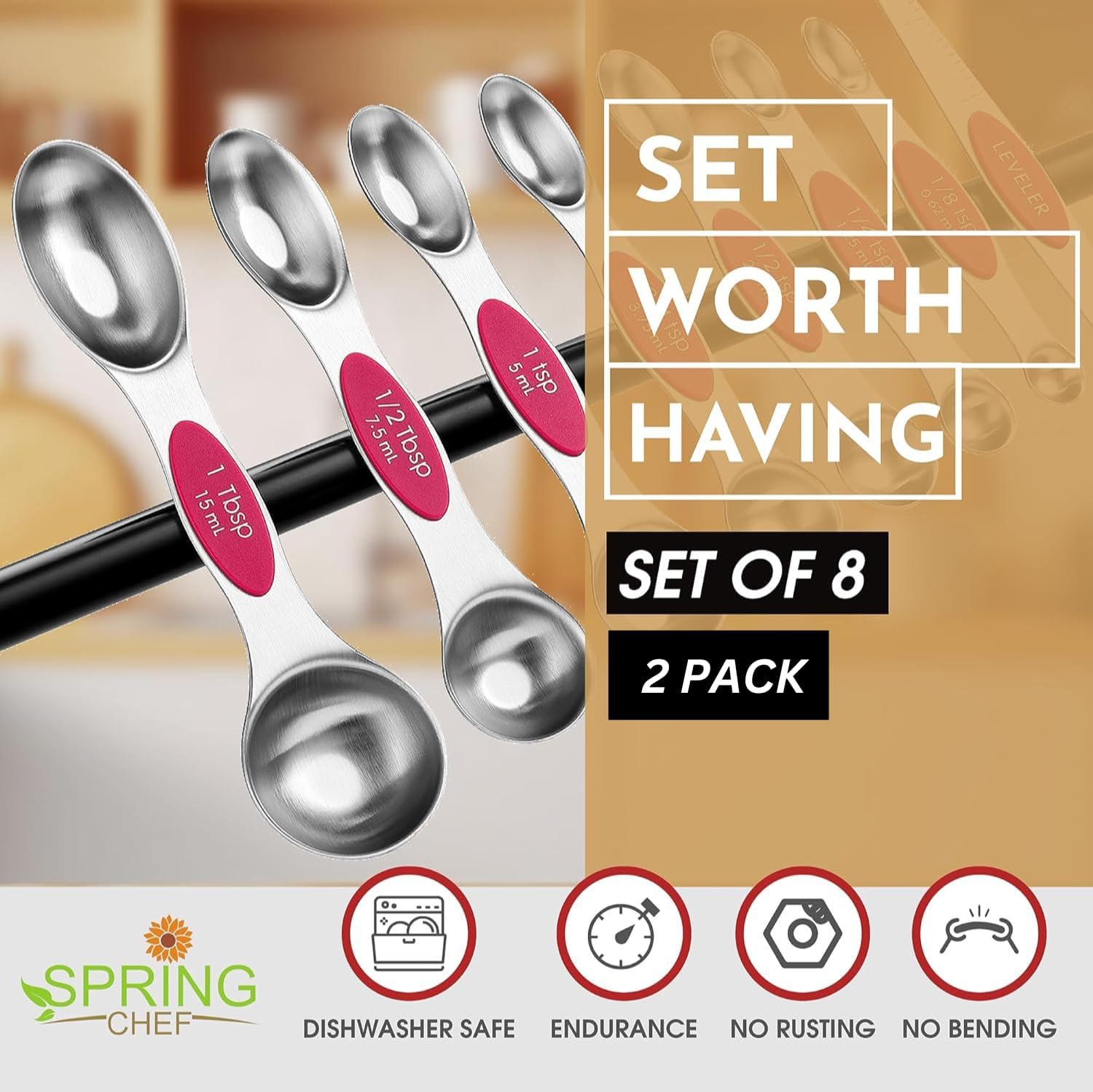 Spring Chef Magnetic Measuring Spoons Set with Strong N45 Magnets, Heavy Duty Stainless Steel Metal, Fits in Most Kitchen Spice Jars for Baking & Cooking, BPA Free, Black, Set of 8 with Leveler