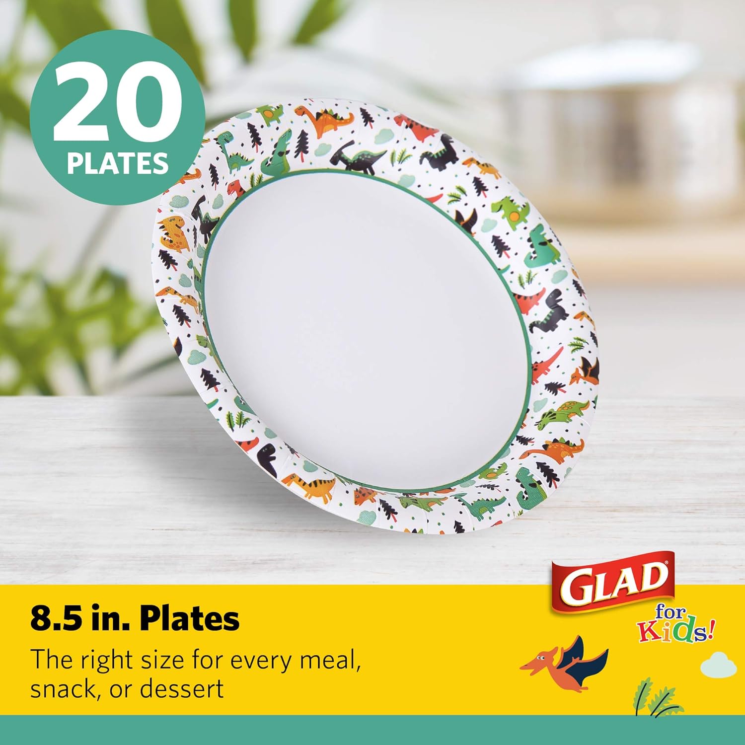 Glad for Kids Dinosaur Design Disposable Paper Plates, 7-Inch, Soak Proof & Microwavable Kid Paper Plates - Perfect for Kids Birthday Parties, Dinosaur Party Supplies - 20 Count Party Plates