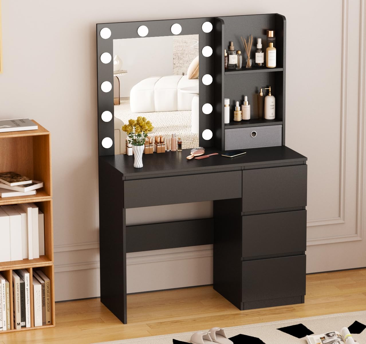 Vabches Makeup Vanity with Lights, 37inch Vanity Desk, 4 Large Drawers Dresser with Lighted Mirror, 3 Lighting Modes Brightness Adjustable