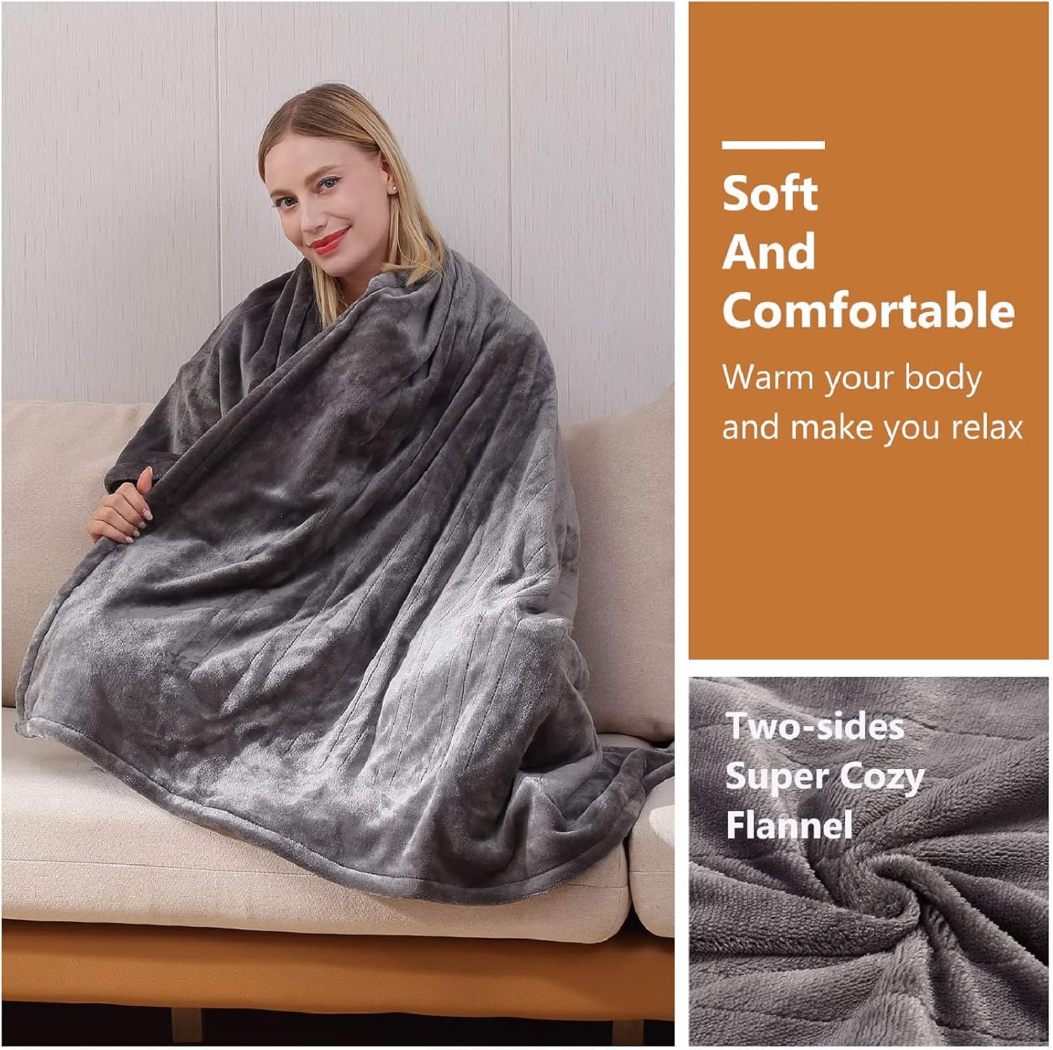 Tefici Electric Heated Blanket Throw, Super Cozy Soft 2-Layer Flannel 50