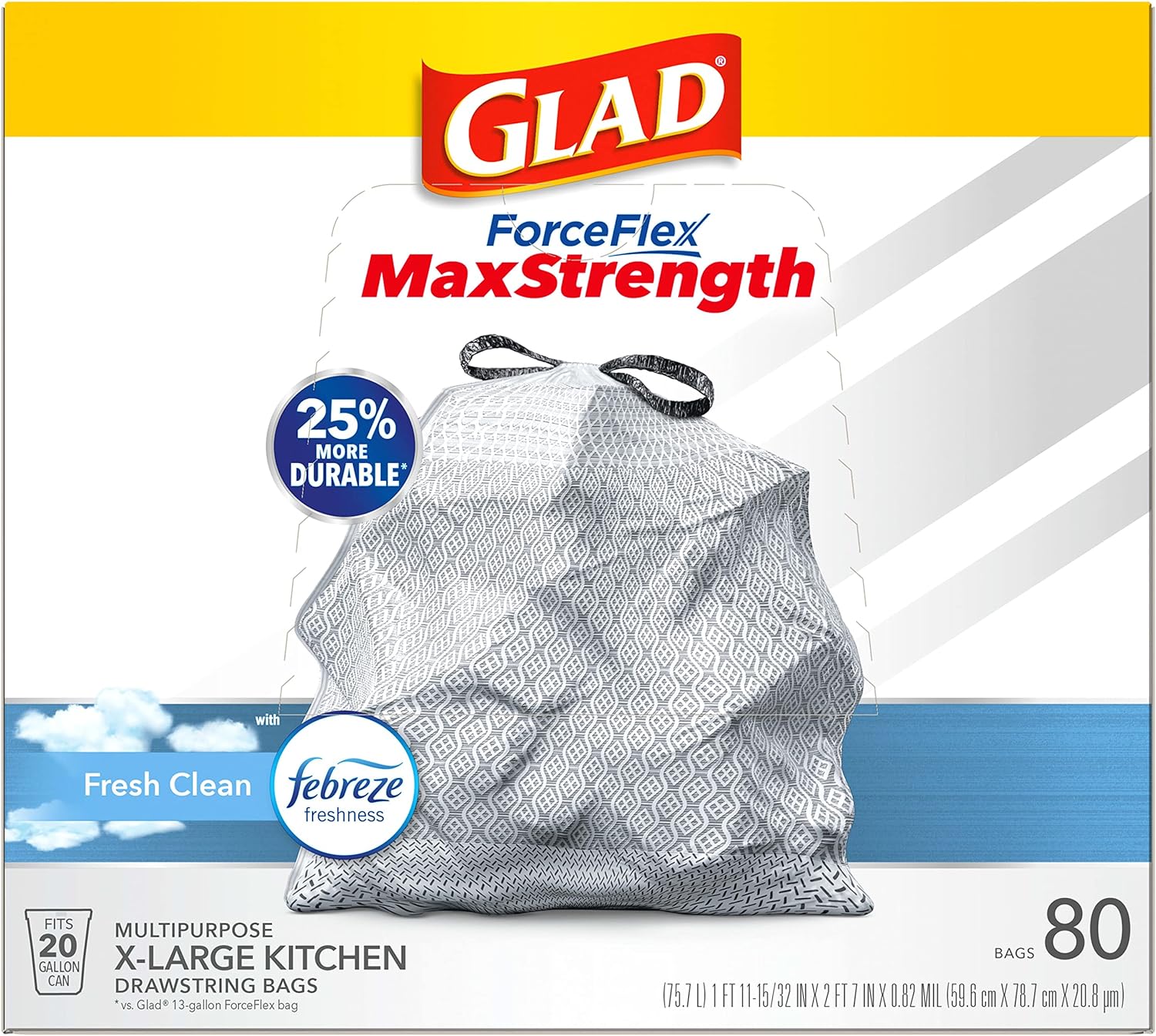 Glad Trash Bags, ForceFlexPlus XL X-Large Kitchen Drawstring Garbage Bags - 20 Gallon Grey Trash Bag, Fresh Clean with Febreze Freshness 80 Count (Package May Vary)