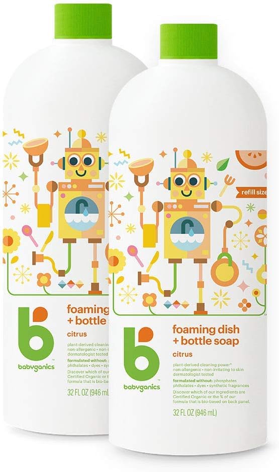 Babyganics Foaming Dish & Bottle Soap, Pump Bottle, Fragrance Free, Plant-Derived Cleaning Power, Removes Dried Milk, 16 Fl Oz, (Pack of 3), Packaging May Vary