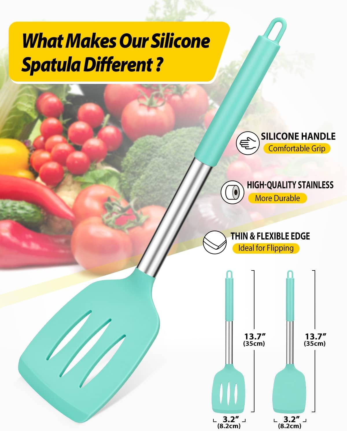 Pack of 2 Silicone Solid Turner,Non Stick Slotted Kitchen Spatulas,High Heat Resistant BPA Free Cooking Utensils,Ideal Cookware for Fish,Eggs,Pancakes (Black)