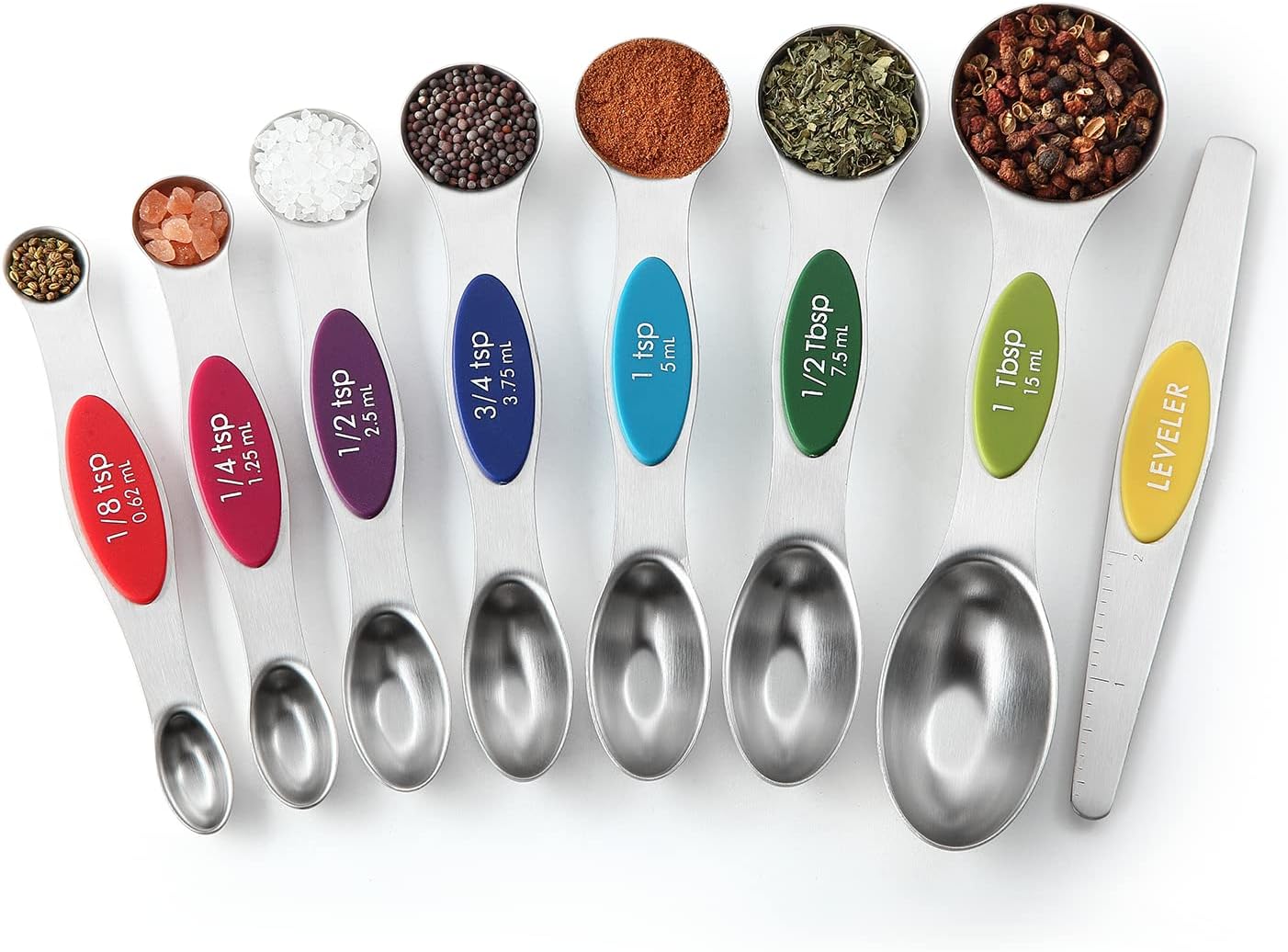 Spring Chef Magnetic Measuring Spoons Set with Strong N45 Magnets, Heavy Duty Stainless Steel Metal, Fits in Most Kitchen Spice Jars for Baking & Cooking, BPA Free, Black, Set of 8 with Leveler